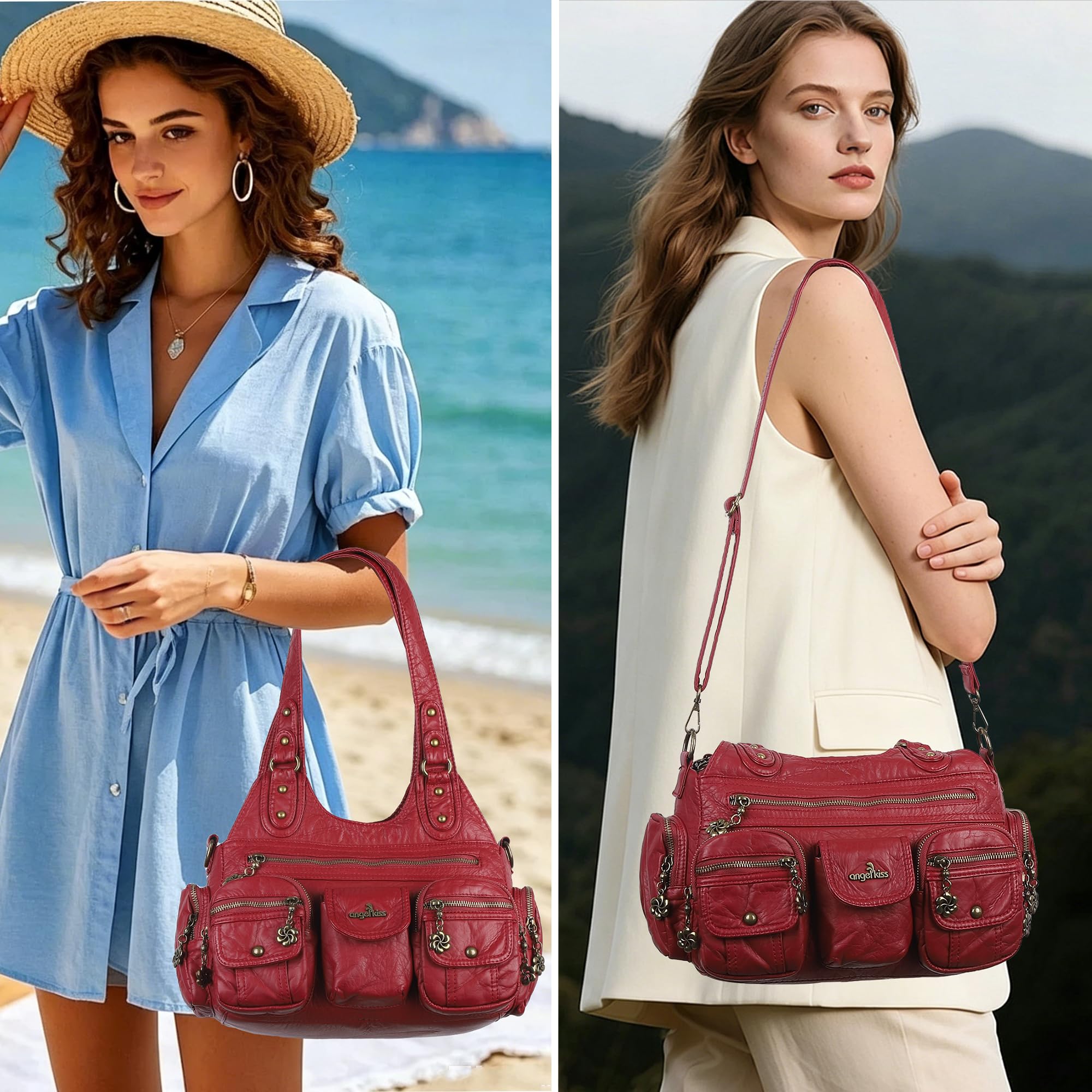 Angel Kiss Bolsos de Mujer Cuero PU Bandolera Mujer Tote Bag Impermeable Bolso Hobo Elegante con Cremallera de Múltiples Bolsillos, para Viajes, Compras, Trabajo, Uso Diario