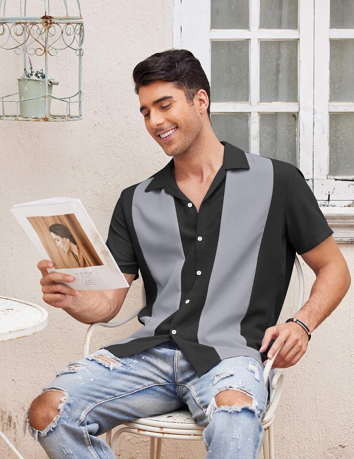 COOFANDY Men's Vintage Bowling Shirt Short Sleeve Button Down Summer Cuba Beach Shirts image 2