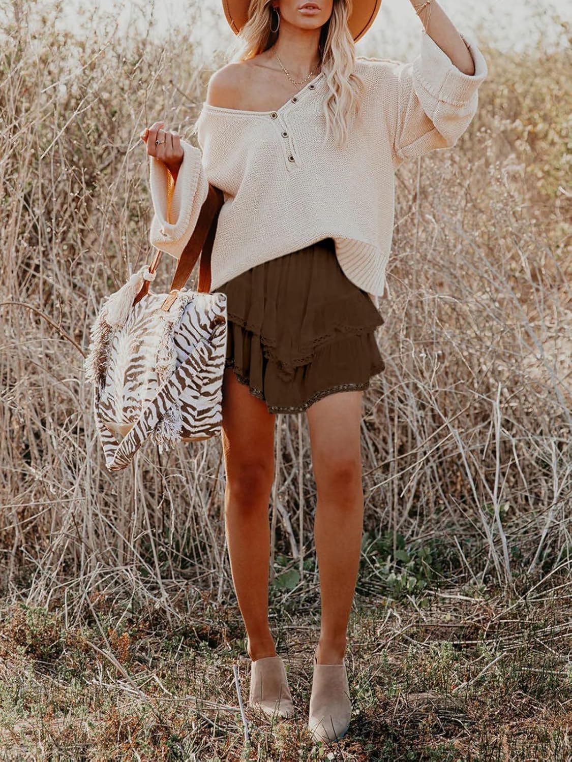 Aoudery Flowy Shorts for Women Casual Boho Ruffle Tiered Skorts High Waist Mini Skirts Golf Tennis Crochet Shorts