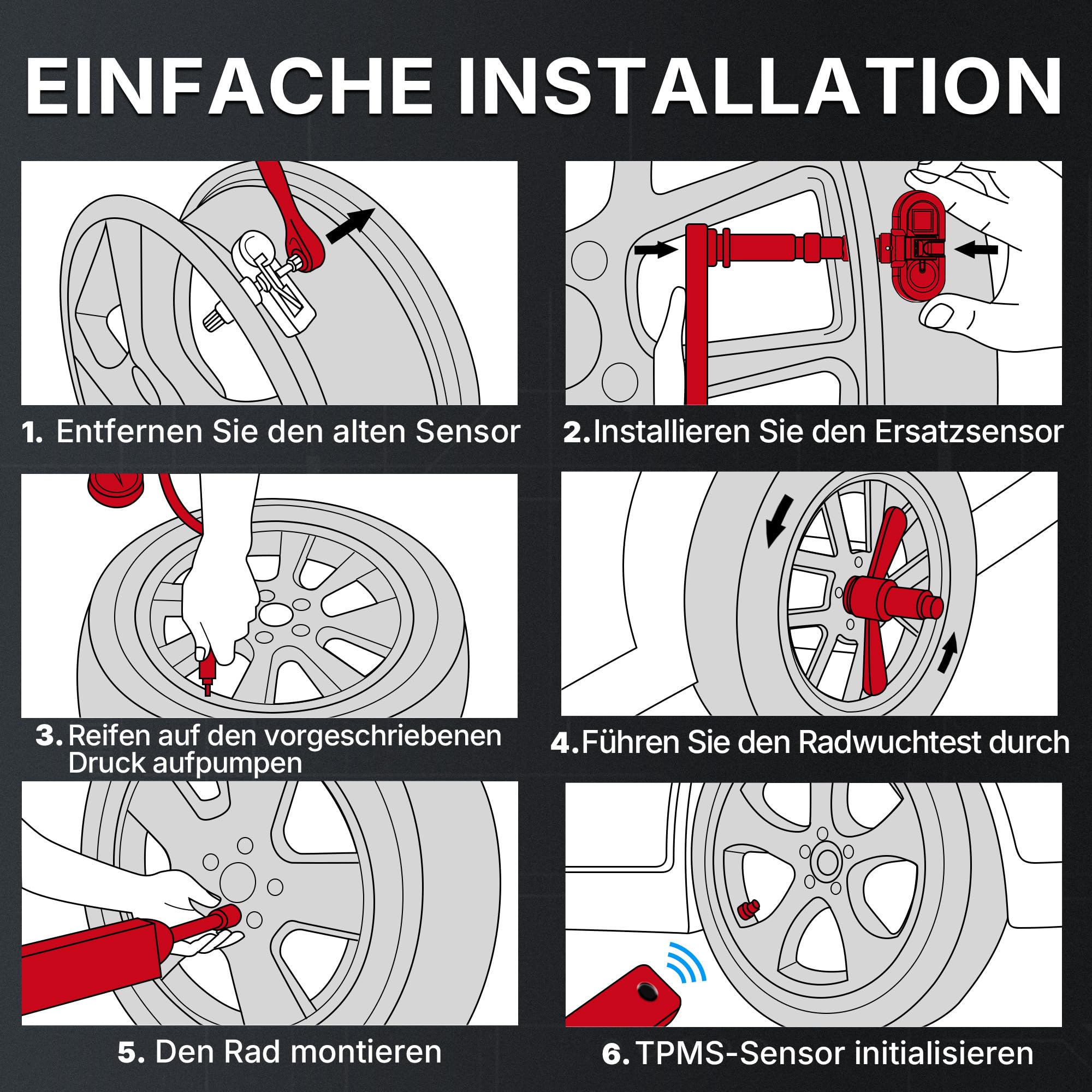 4 Stück TPMS Reifendrucksensor RDKS Sensoren 433 MHz Vorprogrammiert | Mit Variablem Ventilwinkel für Ford,Nissan,Cadillac,Audi,Opel,OE 13581561,13598773,AD43360671AA