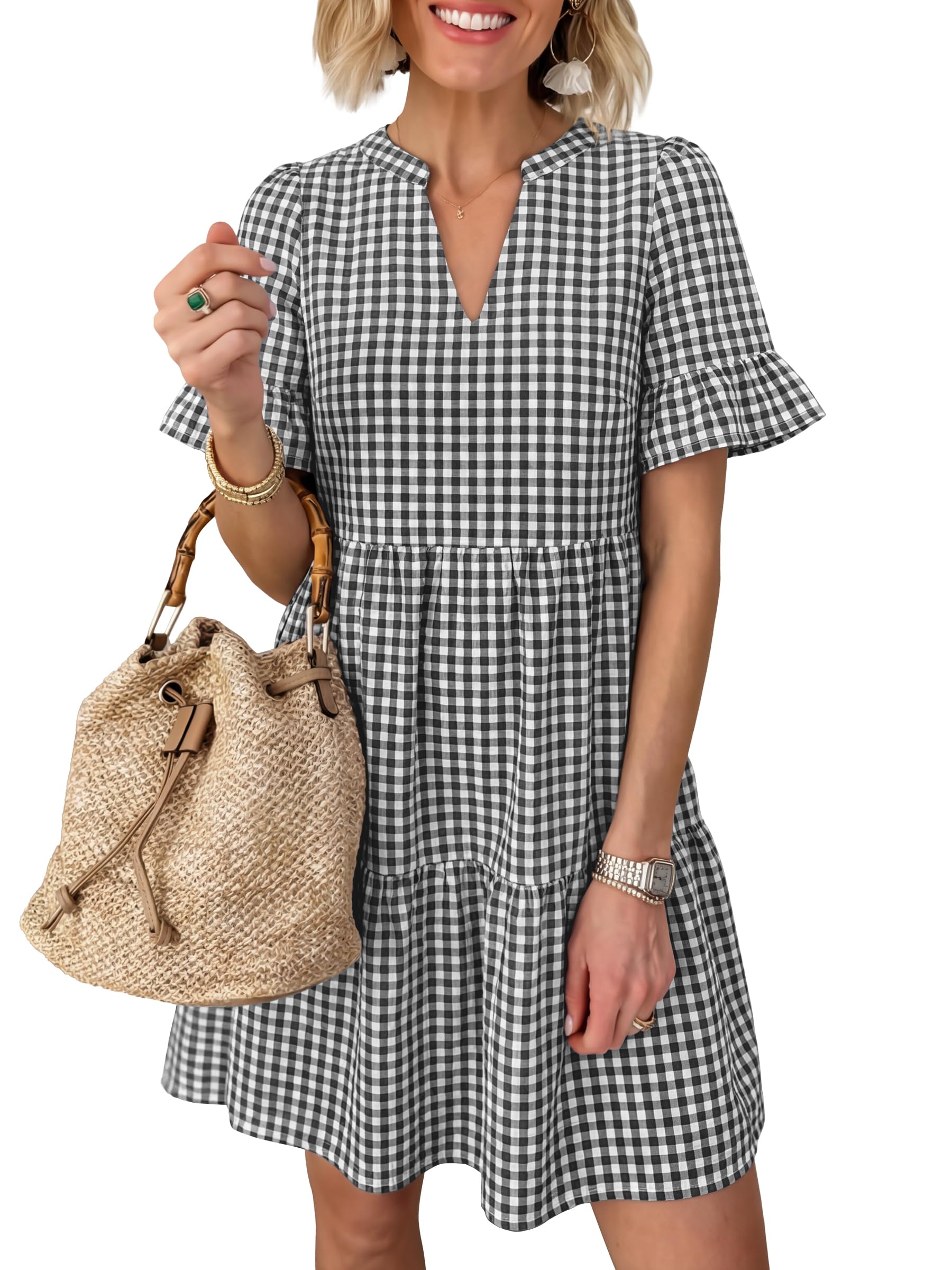 Caracilia Dresses for Women Summer 2026 Striped V Neck Ruffle Sleeve A Line Tiered Flowy Casual Mini Beach Dress with Pockets