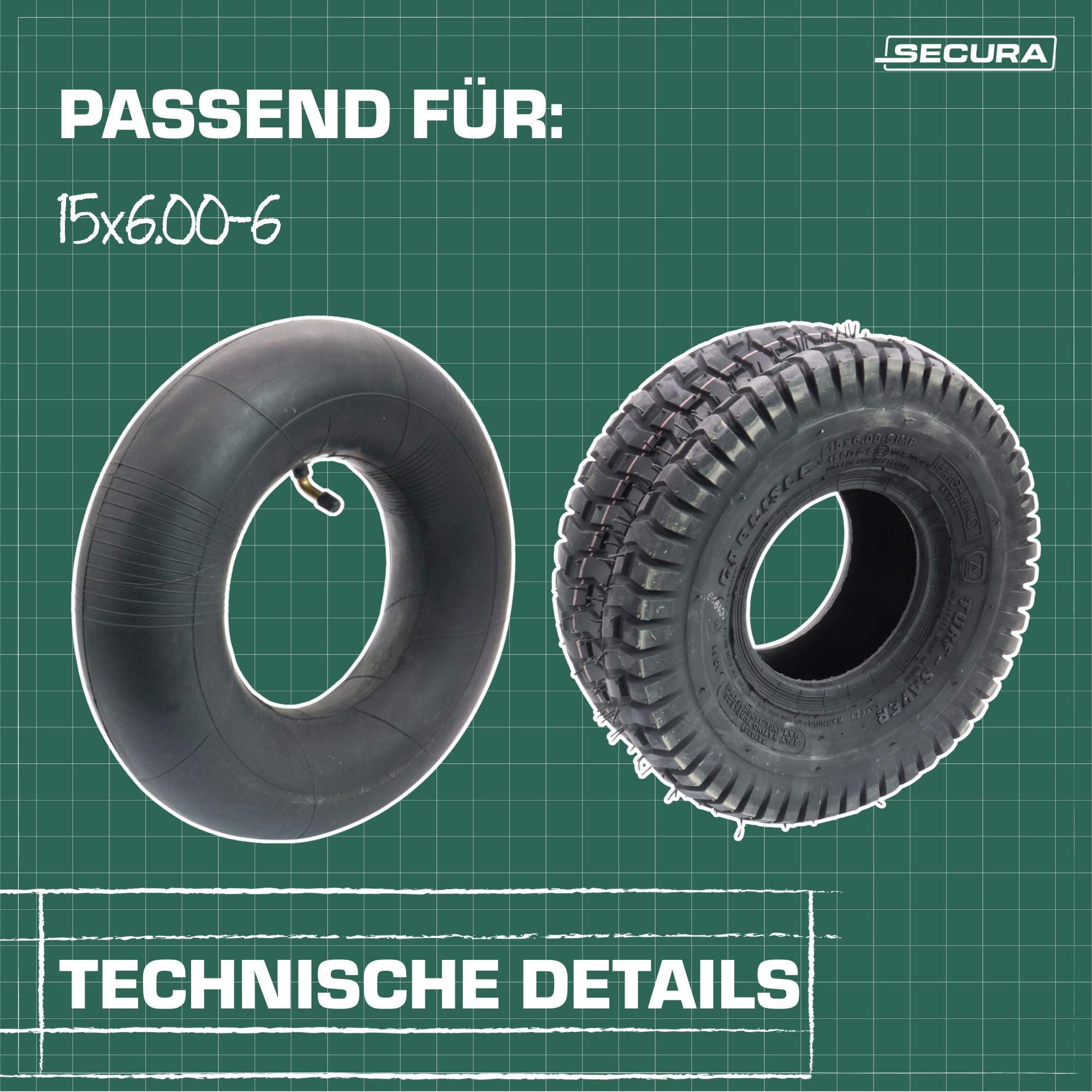 SECURA 2x Reifen 15x6.00-6 tubeless inkl. Schläuche mit Winkelventil TR87