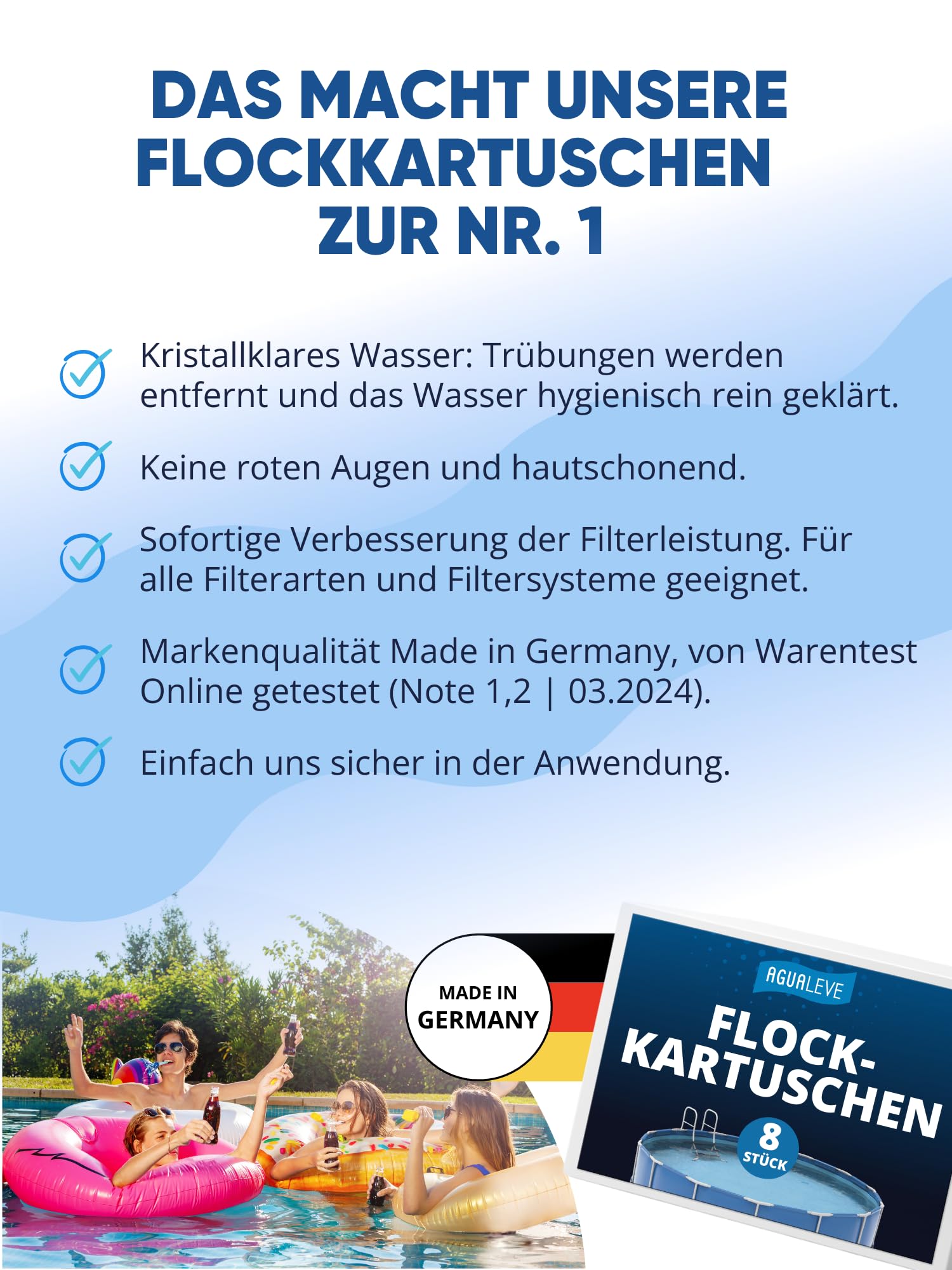 AGUALEVE® Flockmittel Pool Kartuschen 8 x 125g | flockt Verunreinigungen für klares Wasser| für Sandfilter, Filterbälle, Glasfilter UVM. | für Pools, Aufstellpools, Whirlpools | Made in Germany