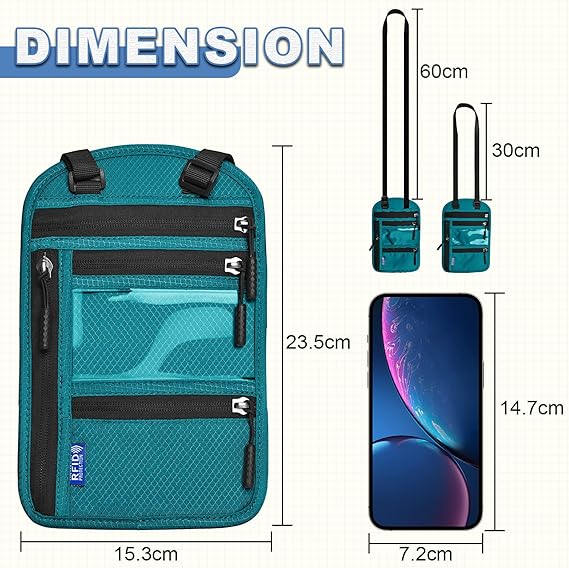 Pochette Tour De Cou Voyage - Protection RFID - Nylon Imperméable - 23,5x15cm - Multi-poches Organisation