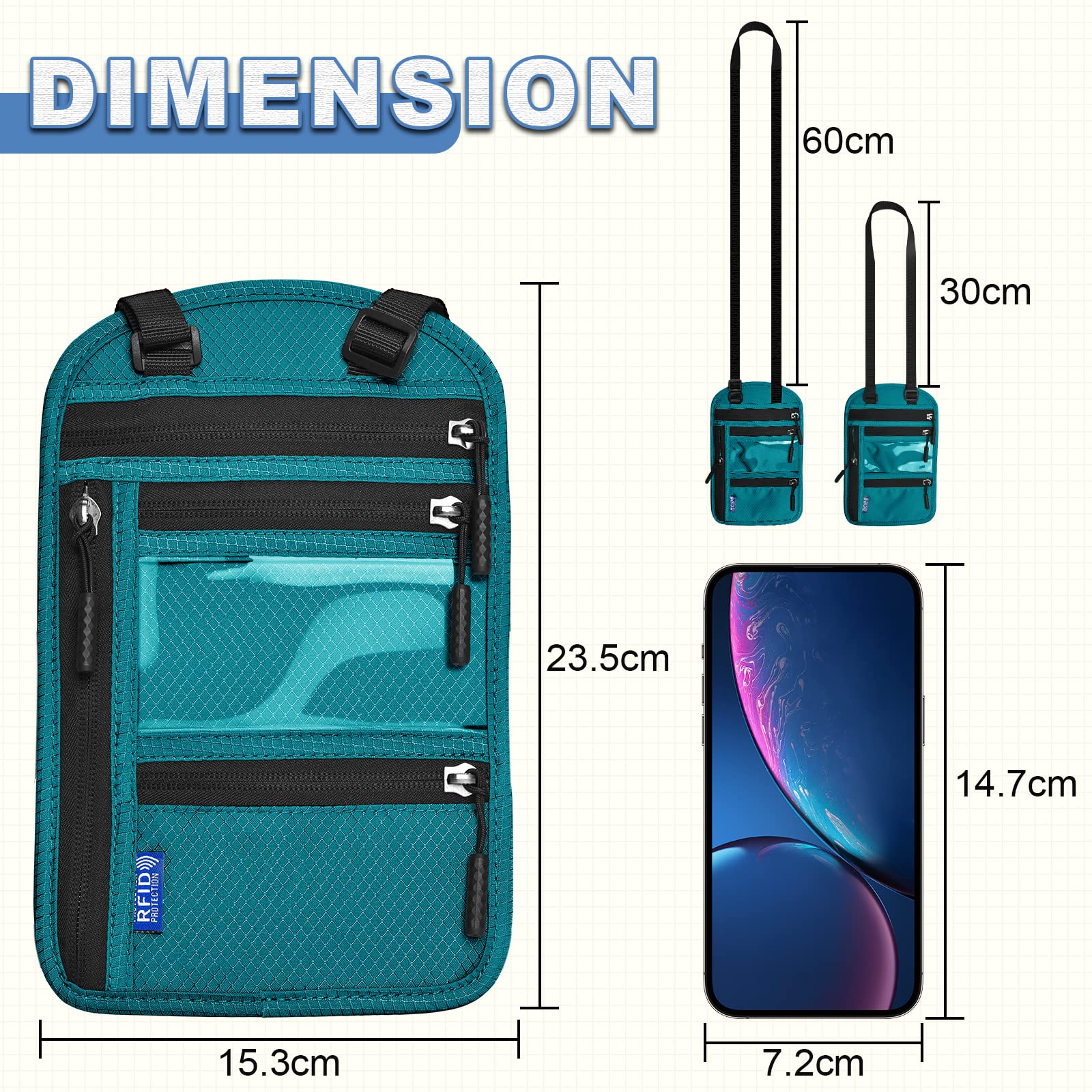 Yordawn Portadocumenti da Collo Borsello da Viaggio con Blocco RFID Porta Passaporto con Tracolla Regolabile per Uomo Donna Impermeabile Portafoglio da Сollo per Carte Passaporto (Blu Lago)