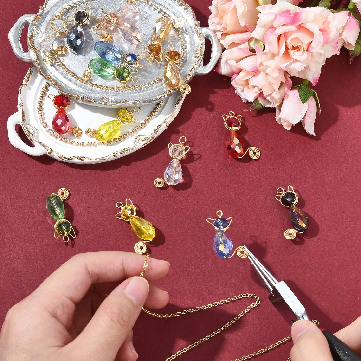 Ipotkitt 16pcs 8 Colors Glass Cat Charms Faceted Teardrop Charms Copper Wire Wrapped Kitten Charms for DIY Craft Necklace Earring Bracelet Jewelry Making - Image 5