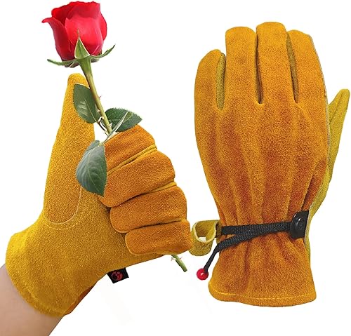 AOUCHI Guantes de trabajo de cuero para hombres y mujeres, guantes de soldadura de cuero vacuno con forro de algodón para jardín y patio