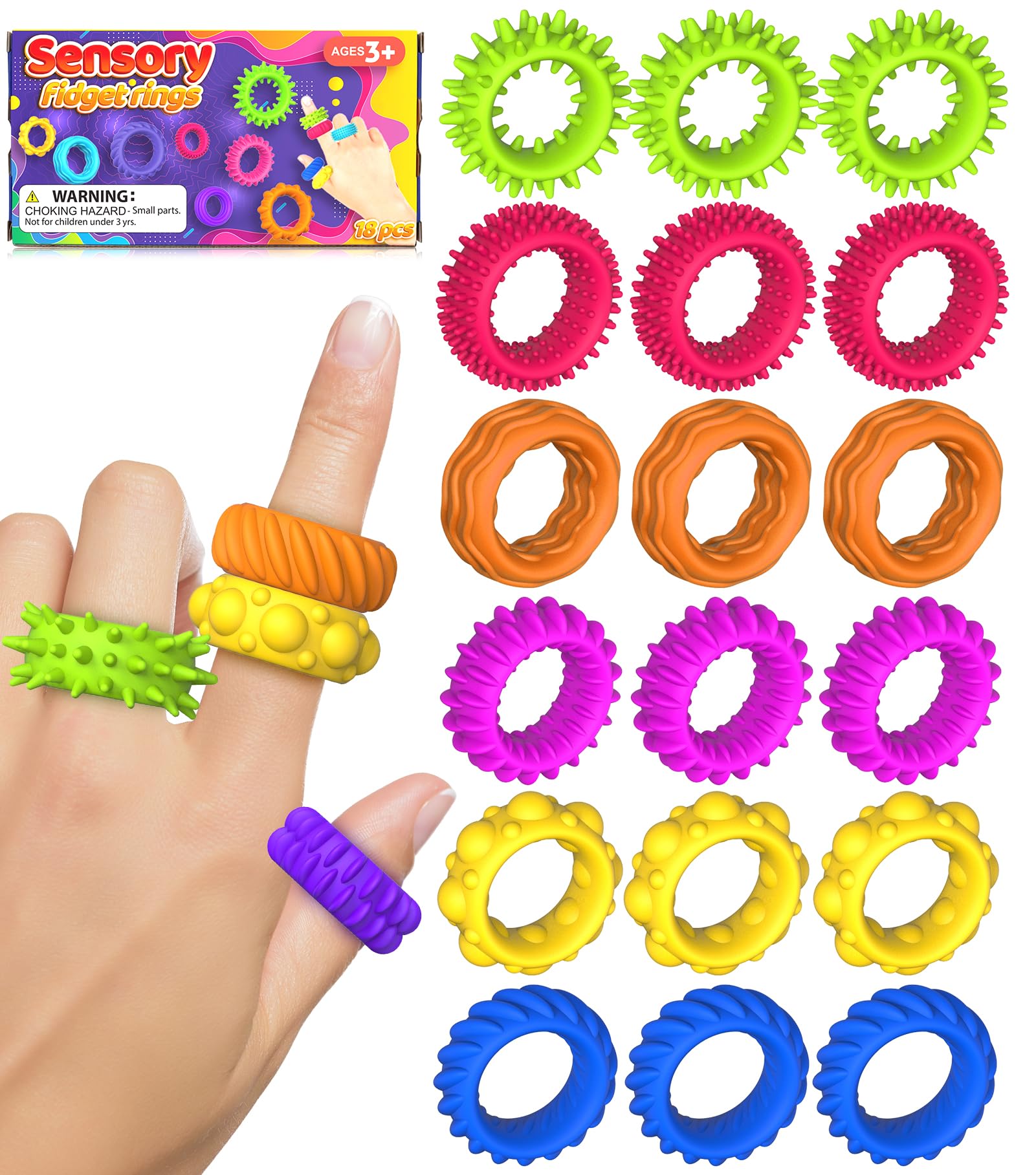 KLT Fidget Toys Kids Sensory Rings: Fidget Ring Sensory Toys for Kids with Autism - Quiet Anxiety Relief Fidgets for Classroom 18 Pack