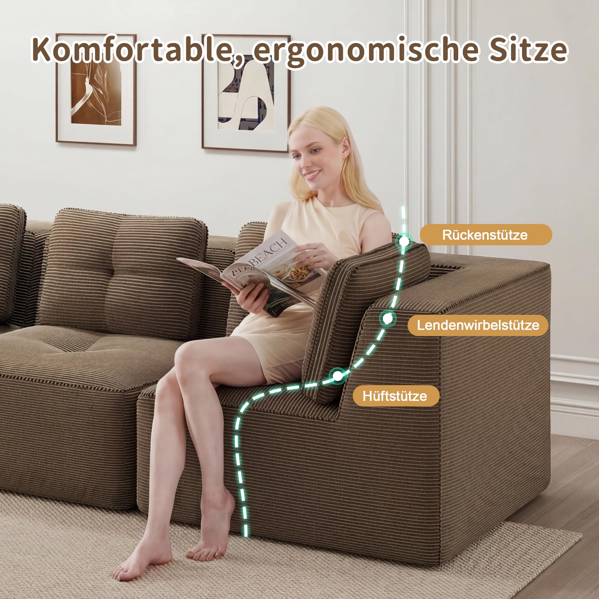 Modułowa sofa narożna w kształcie litery U, 3-osobowa, bez ramy, sofa z 2 otomanami, wykonana z wygodnego materiału sztruksowego, tapicerowana sofa do salonu i sypialni, brązowa