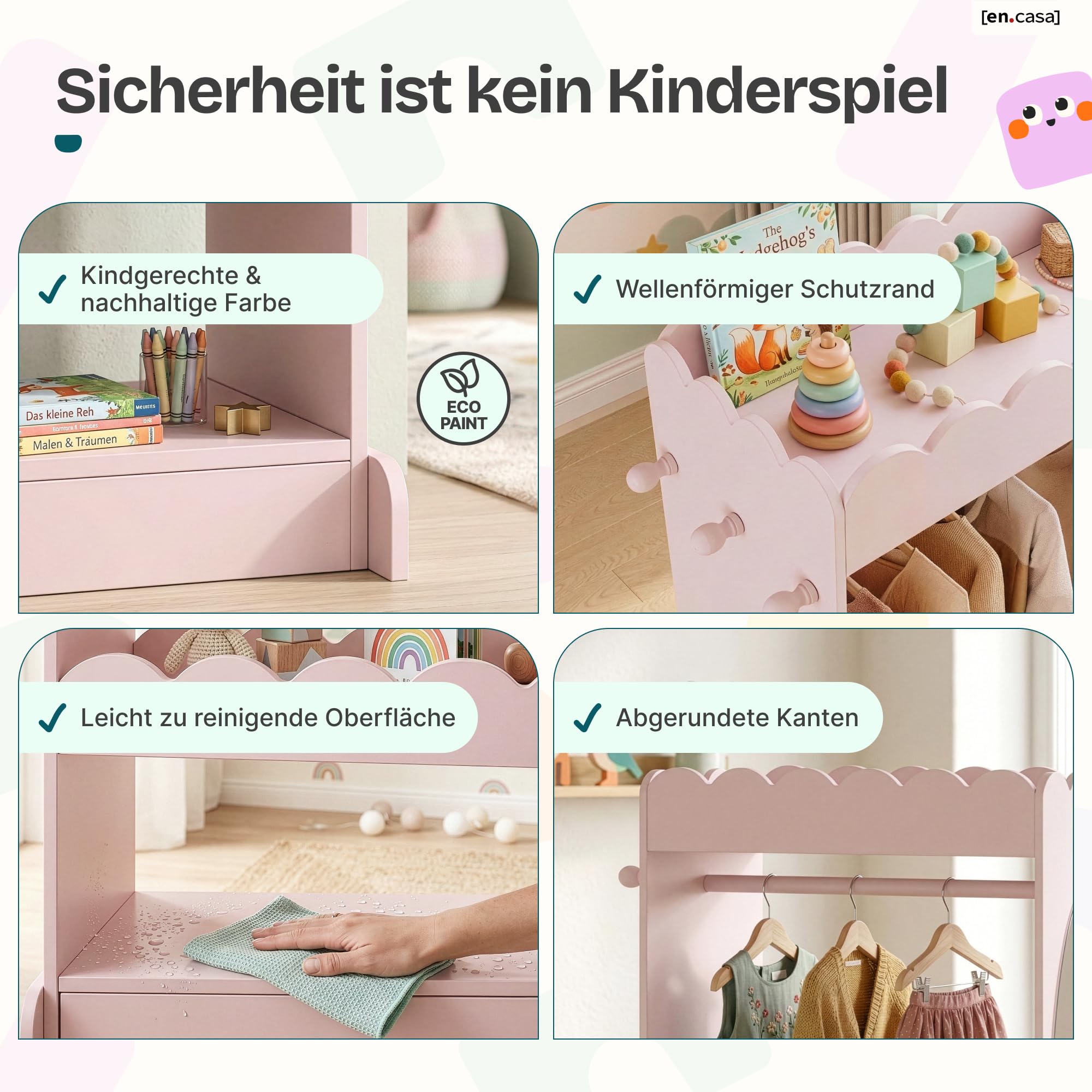 [en.casa] Kindergarderobe stehend Vestnes Kinder Kleiderschrank mit Spiegel und Kleiderstange 120 x 63 x 38 cm Kleiderständer mit 3 Haken Wellendesign Cotton Candy