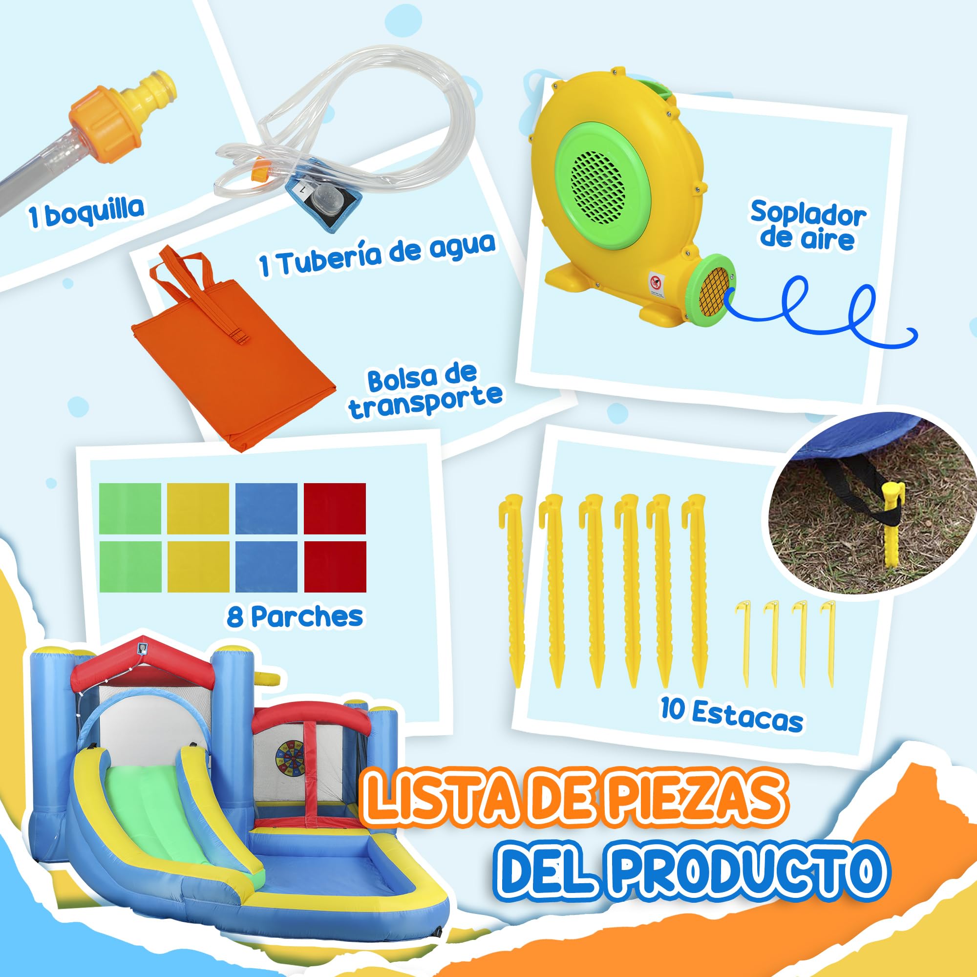 AIYAPLAY Castillo Hinchable con Soplador 5 en 1 Parque Acuático Hinchable para Niños con Tobogán Piscina Diana y Canasta para Exterior Interior 385x290x180 cm