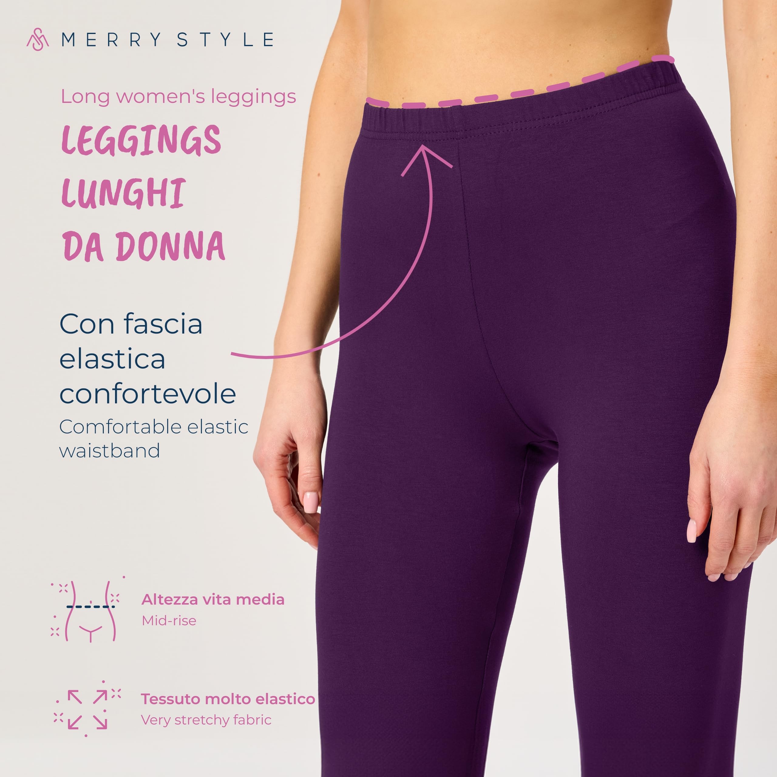 Merry Style Leggings Lunghi Donna in Viscosa con Elastan Ampia Pantaloni Donna Banda Elastica Leggins Donna per Casa Palestra Tempo Libero MS10-143