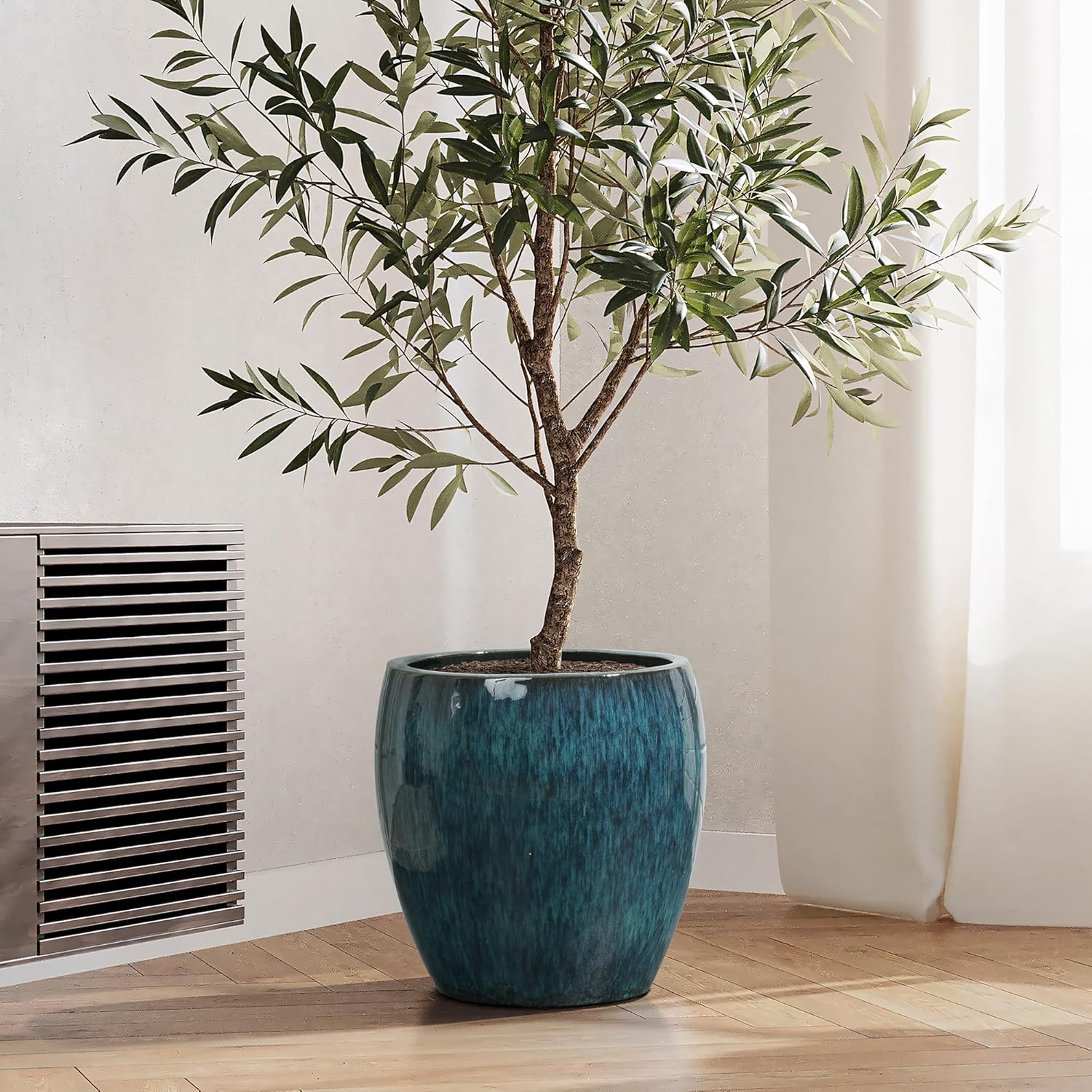 LuxenHome 12" Dia Blue Ceramic Pots for Plants, Large Indoor Outdoor Plant Pot with Drainage Hole and Rubber Plug, Modern Glazed Ceramic Planter Pot for Home Patio Garden