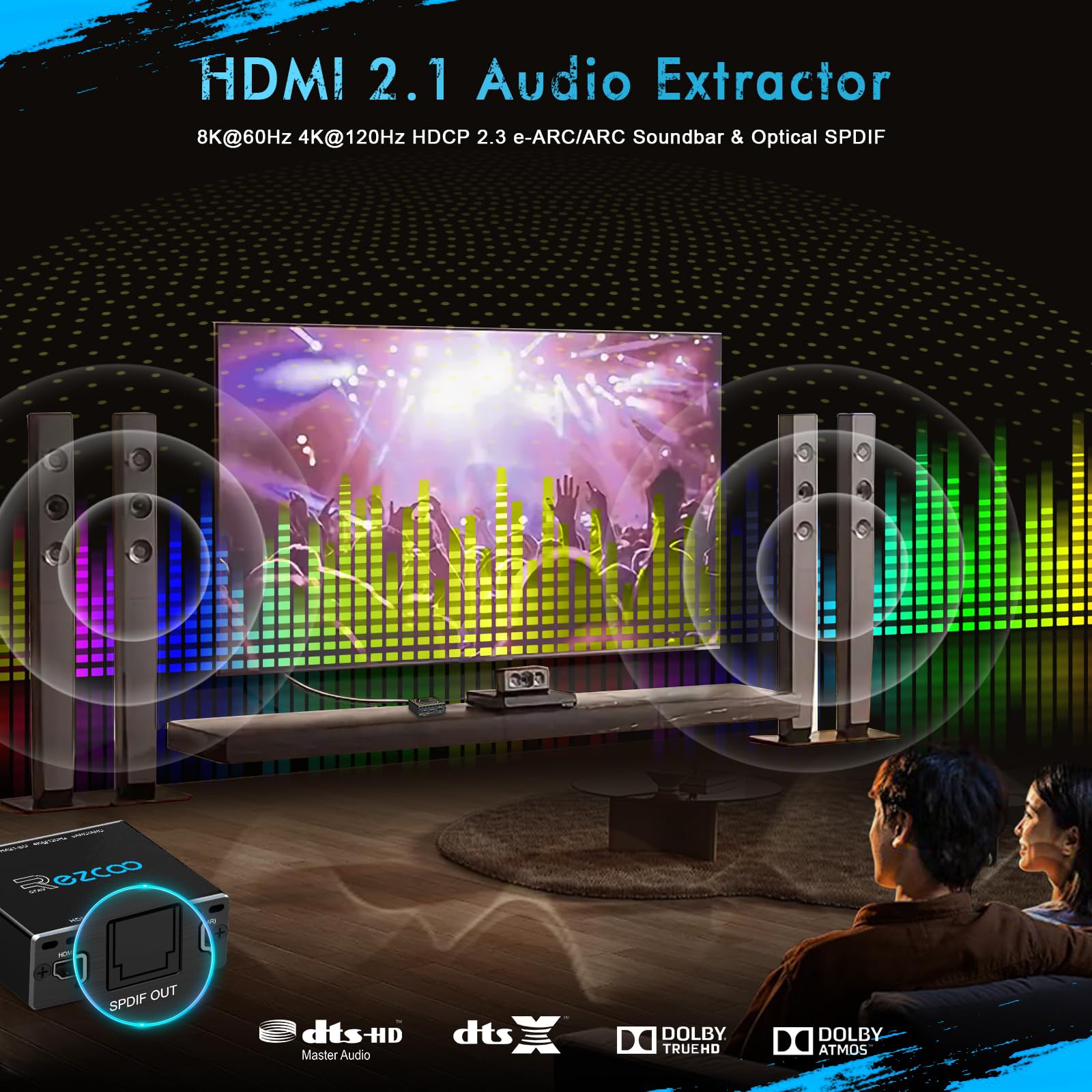 ROFAVEZCO Extracteur Audio HDMI 2.1 eARC 4K@120Hz Dolby Atmos/Vision VRR/ALLM CEC Bypass HDCP2.3 SPDIF Plug & Play pour Soundbars/Sonos ARC/eARC/PS5/Xbox