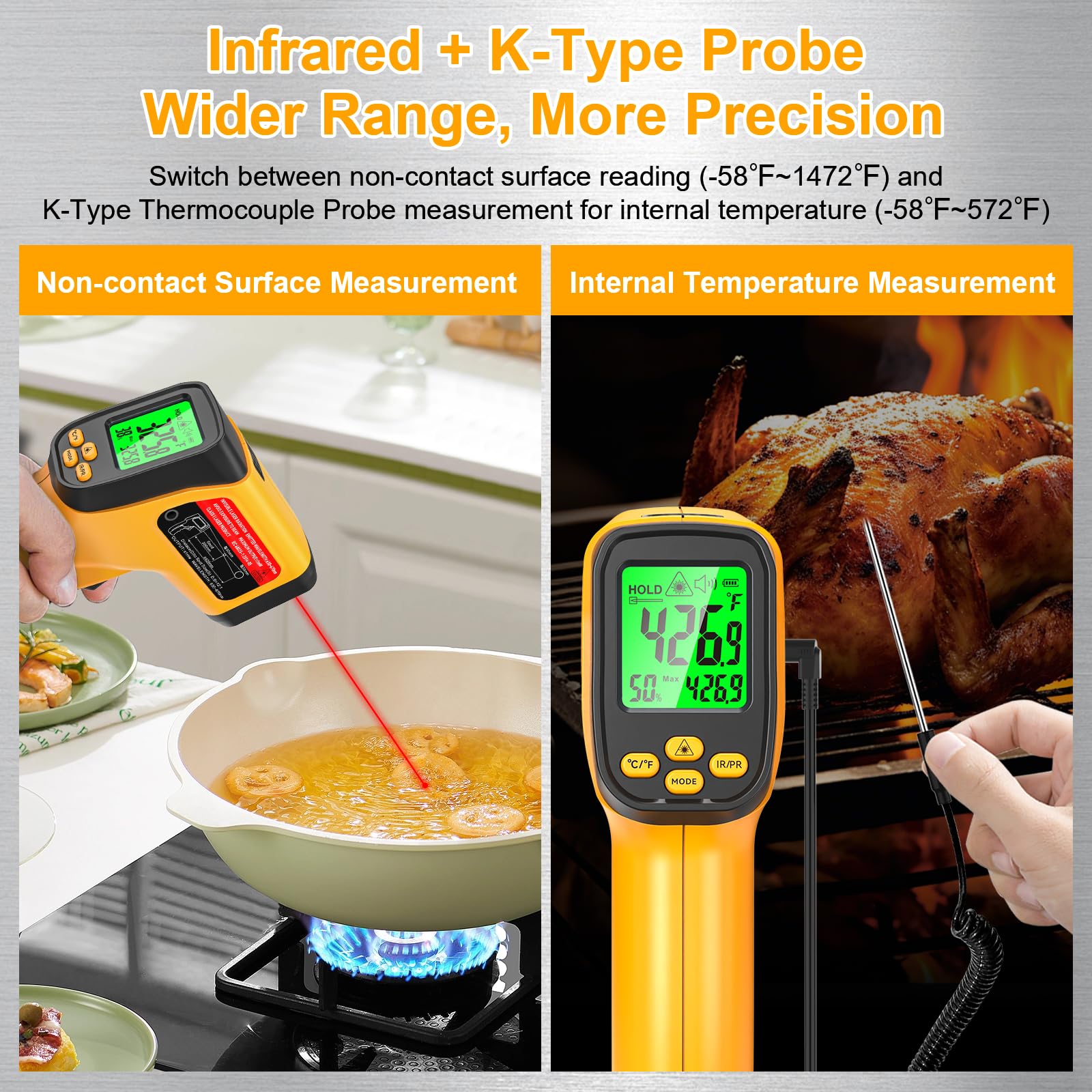 Infrared Thermometer Gun, Dual-Mode with Non-Contact IR & K-Type Thermocouple Probe Meature, -58°F to 1472°F High Accuracy Laser Temperature Gun with Emissivity, Humidity, for Cooking, Industrial Use — Amazon image 3