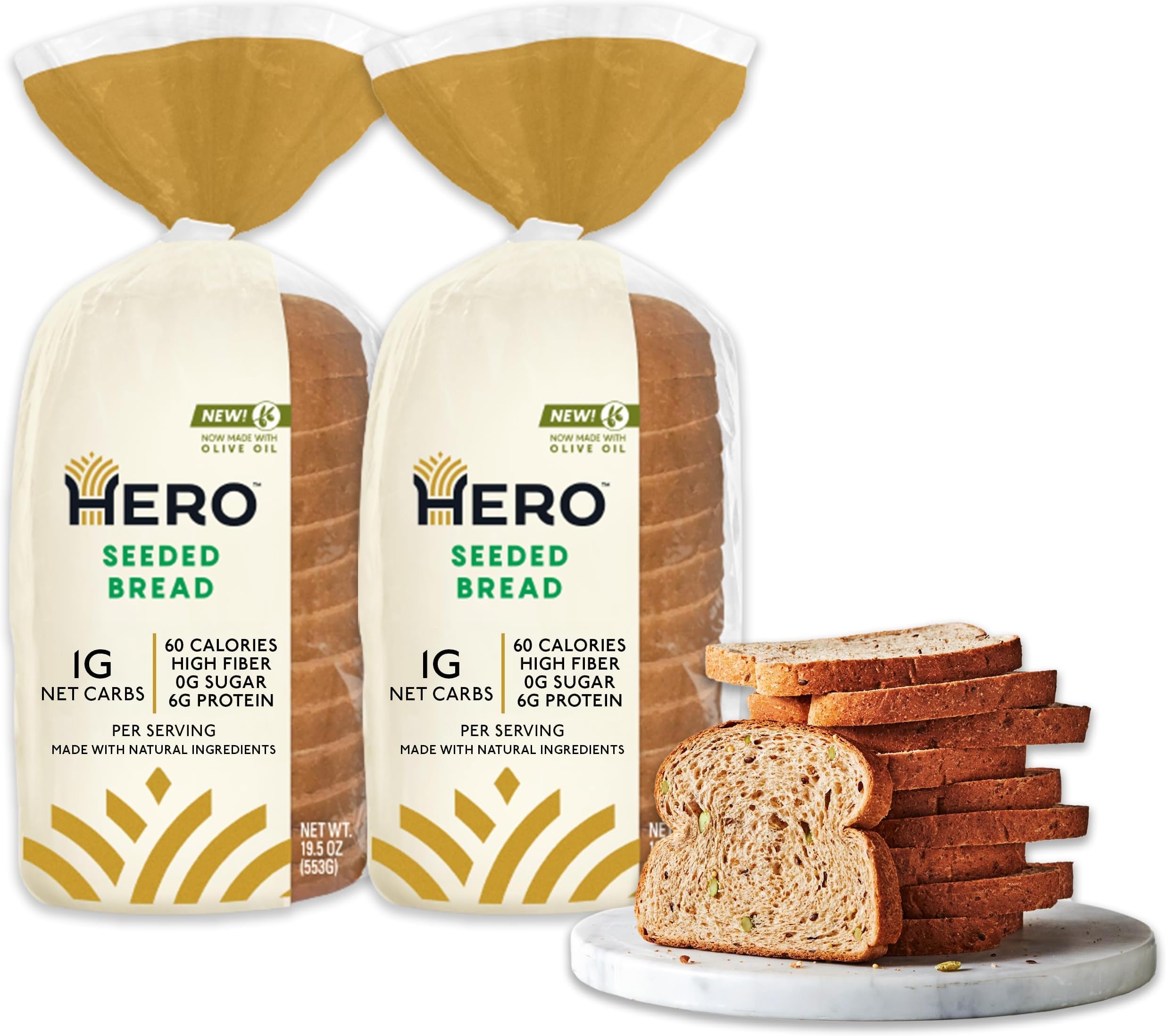 Hero Seeded Bread — Delicious Bread with 1g Net Carb, 0g Sugar, 60 Calories, 12g Fiber per Slice | Tastes Like Regular Bread | Low Carb & Keto Friendly Bread Loaf —15 Slices/Loaf, 2 Loaves