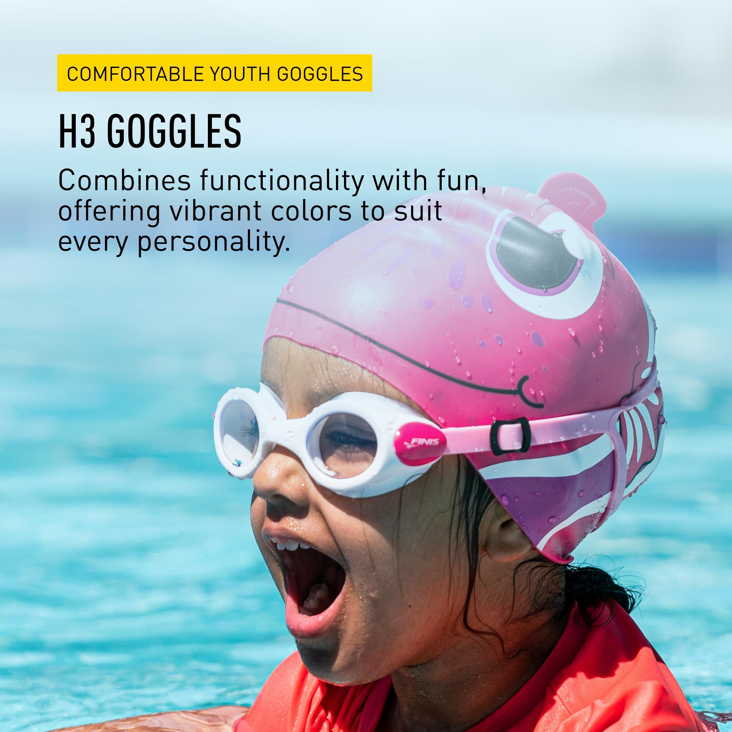 FINIS H3 Swim Goggles for Kids - Ages 3-6 - UV Protection - Anti-Fog Lenses - Leak-Proof Fit - Soft Silicone - White/Pink