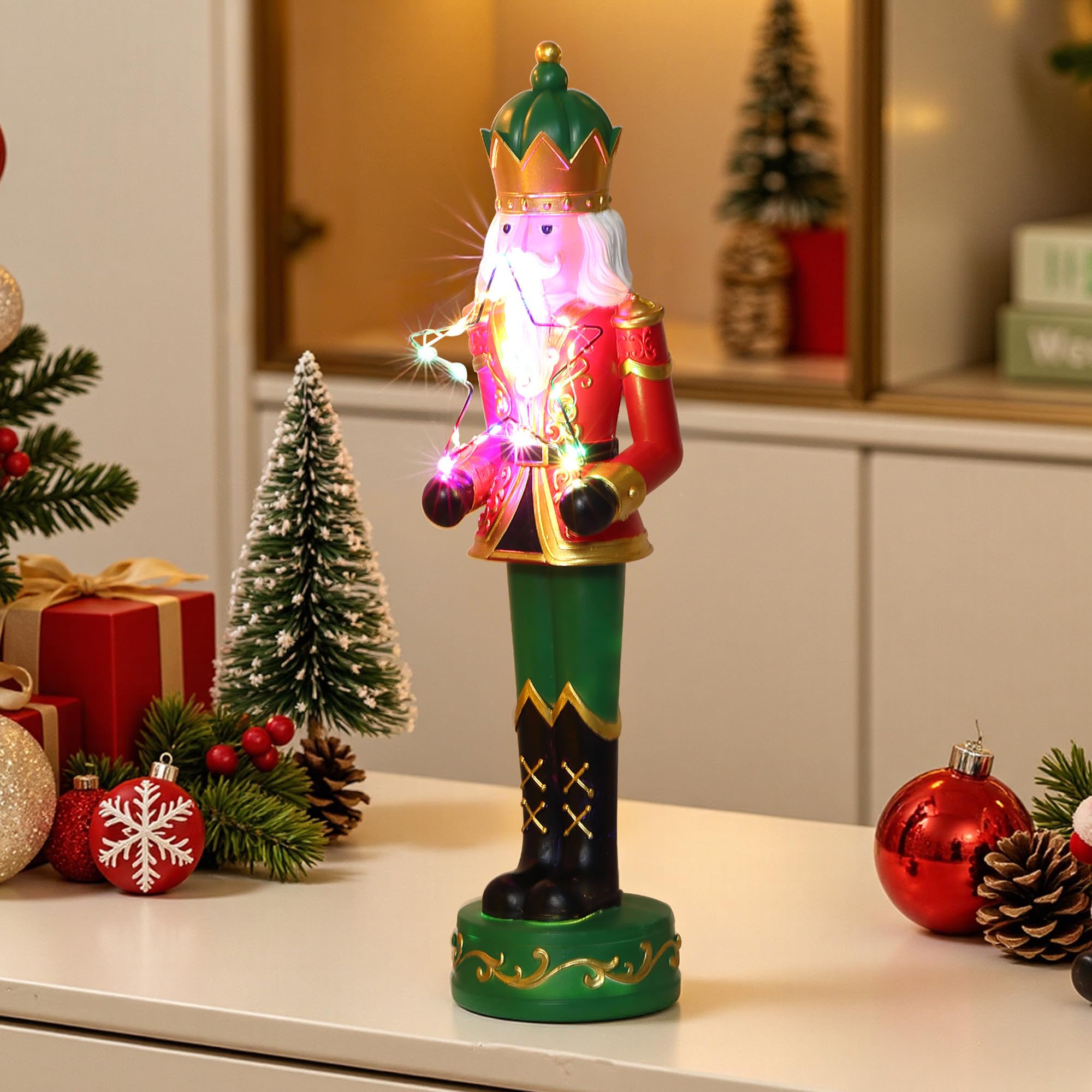 Hometopia Nussknacker Figur mit LED-Stern, 46 cm, Weihnachten Deko Rot-Grün