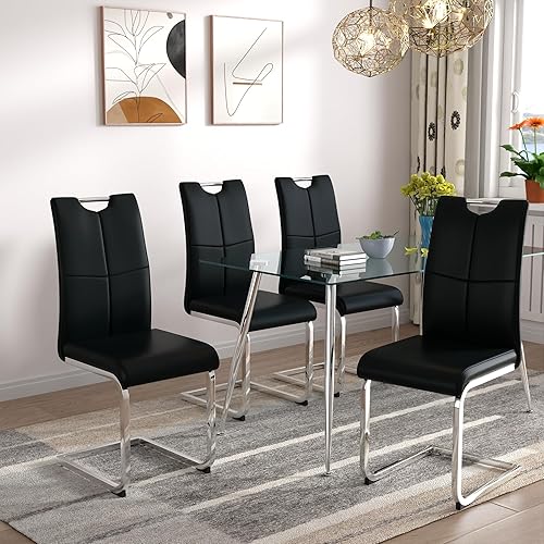 Juego de 4 sillas de comedor negras, modernas sillas de comedor con asiento acolchado de piel sintética, sillas de comedor tapizadas con respaldo