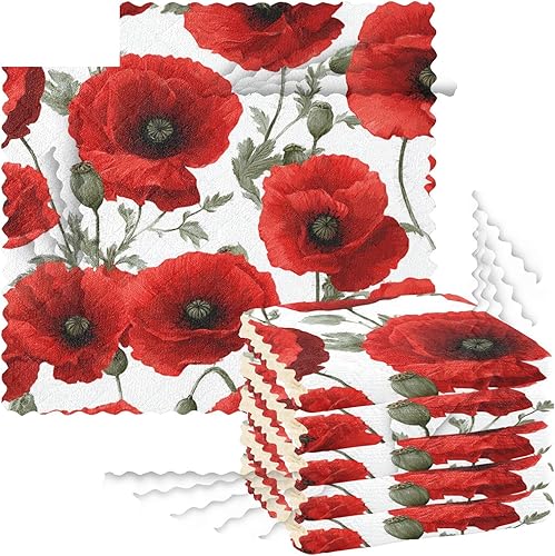 Miniatura 8 de Kcldeci 6 paños de cocina de amapolas florales lavables para lavar platos, paños de cocina absorbentes para lavar platos, limpiar vidrio, hogar,