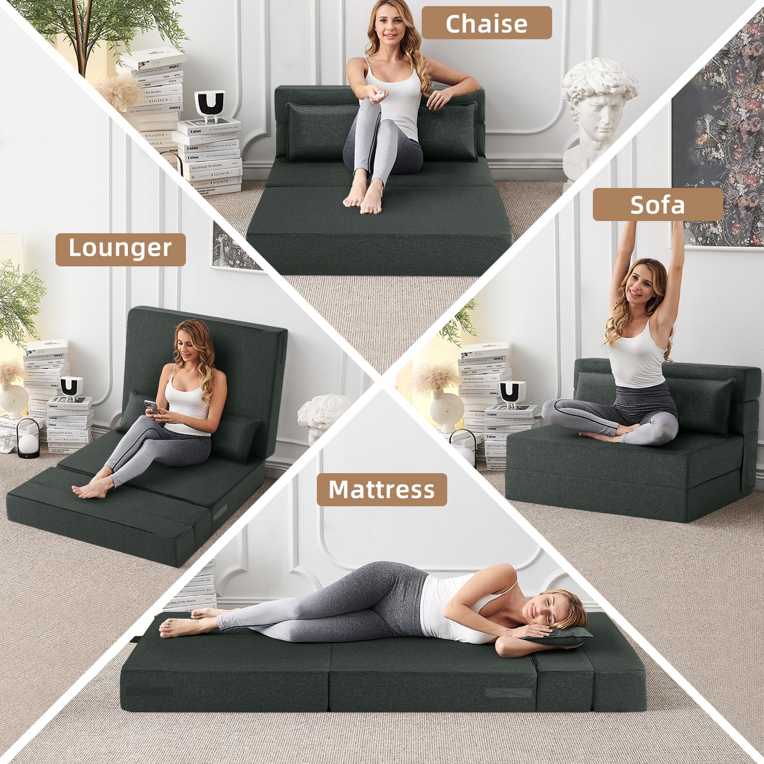 FILUXE Convertible Folding Sofa Bed - Sleeper Chair with Pillow, Modern Linen Fabric Floor & Futon Couch, Foldable Mattress for Living Room/Dorm/Guest Use/Home Office/Apartment, Full Size, Dark Gray