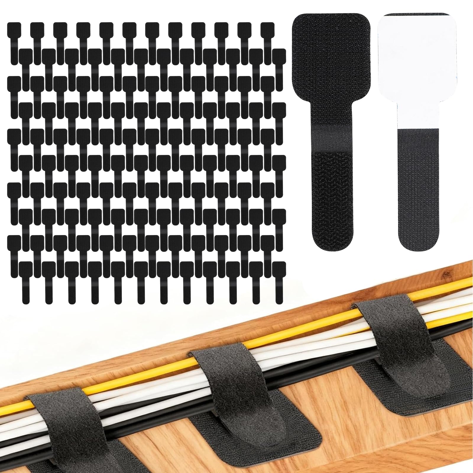 120 PCS Under Desk Cable Management, Self Adhesive Cable Tidy Clips Straps, Adjustable Loop Cable Ties, Sticky Wire Organizer for Desk TV PC Laptop Ethernet Cable (Black)