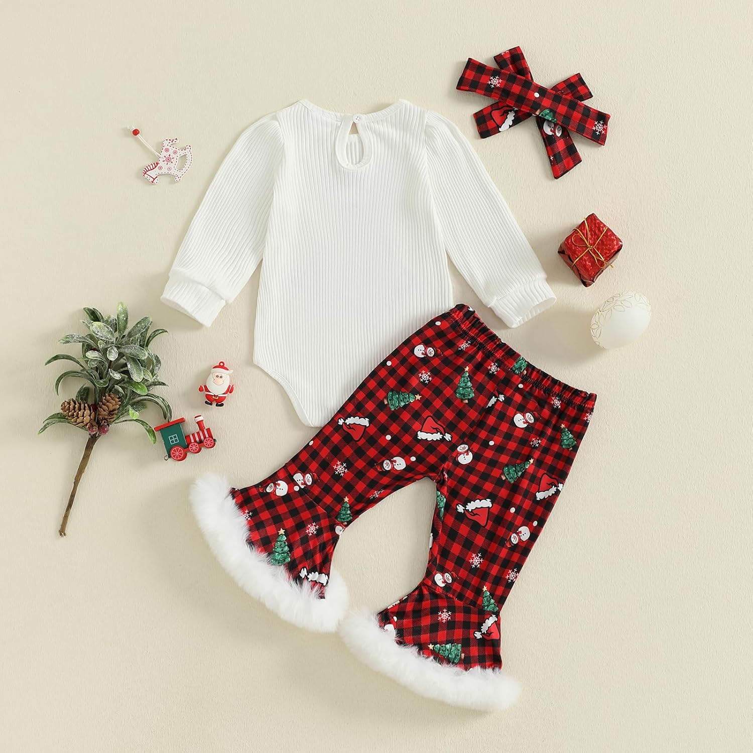 Engofs Newborn Baby Girl Christmas Outfit Long Sleeve Romper Bell Bottoms Pants Outfit with Hat My First Christmas Clothes - Image 7