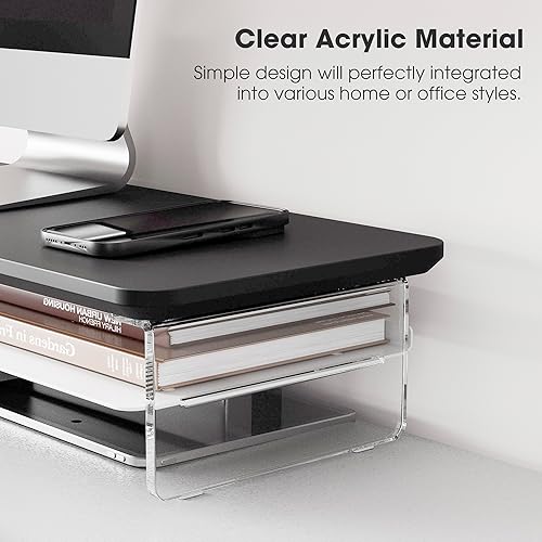 Miniatura 3 de Fenge Soporte de acrílico para monitor, soporte de monitor doble de 42.5 pulgadas con almacenamiento de metal, elevador de computadora acrílico de 2