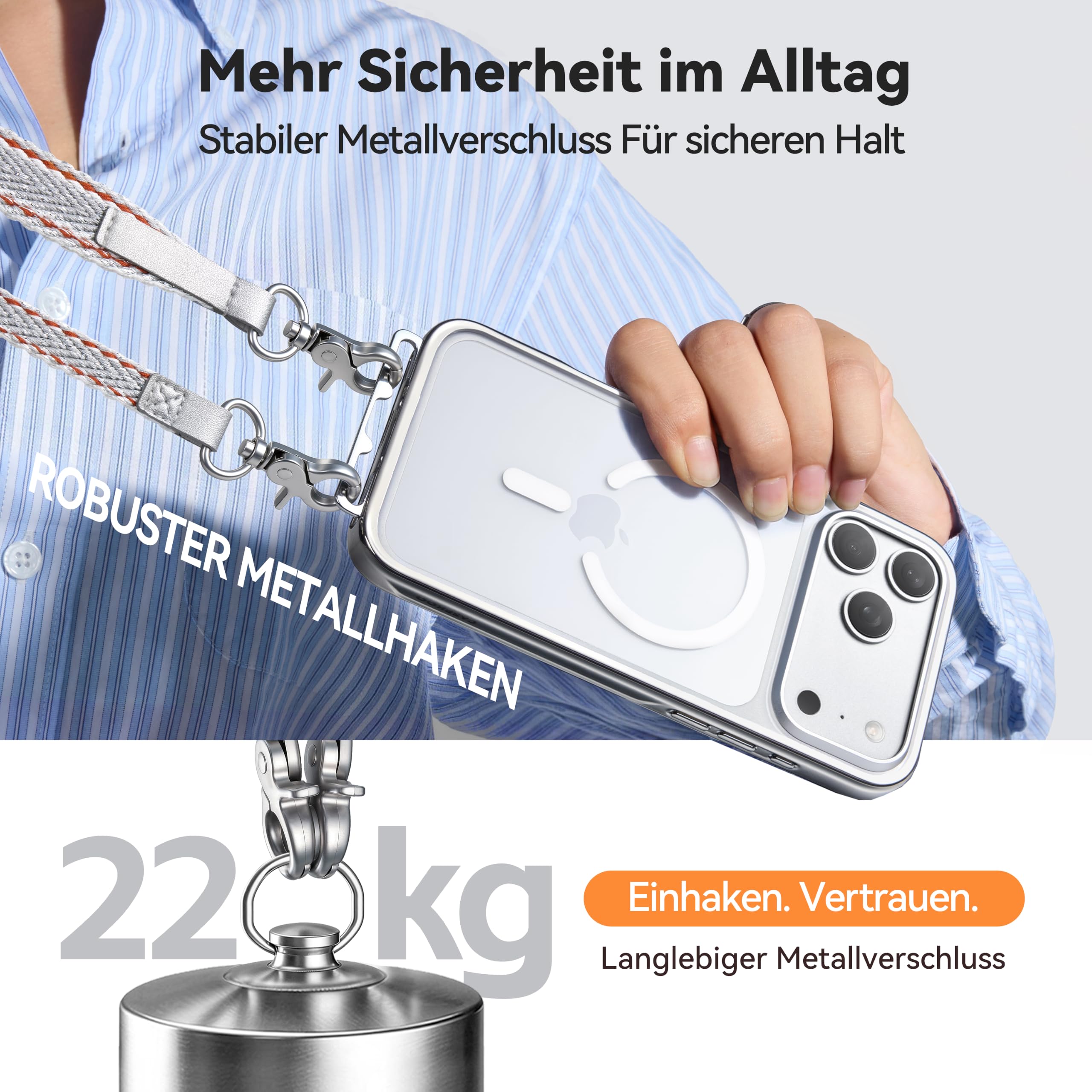 CASEKOO Linkoo iPhone 17 Pro Hülle mit Handykette Bundle, MagSafe Handyhülle mit ClipSafe Klapp-Clip + Luxury Handyband zum Umhängen, 3-in-1 Anti-Verlust Lanyard, Silber