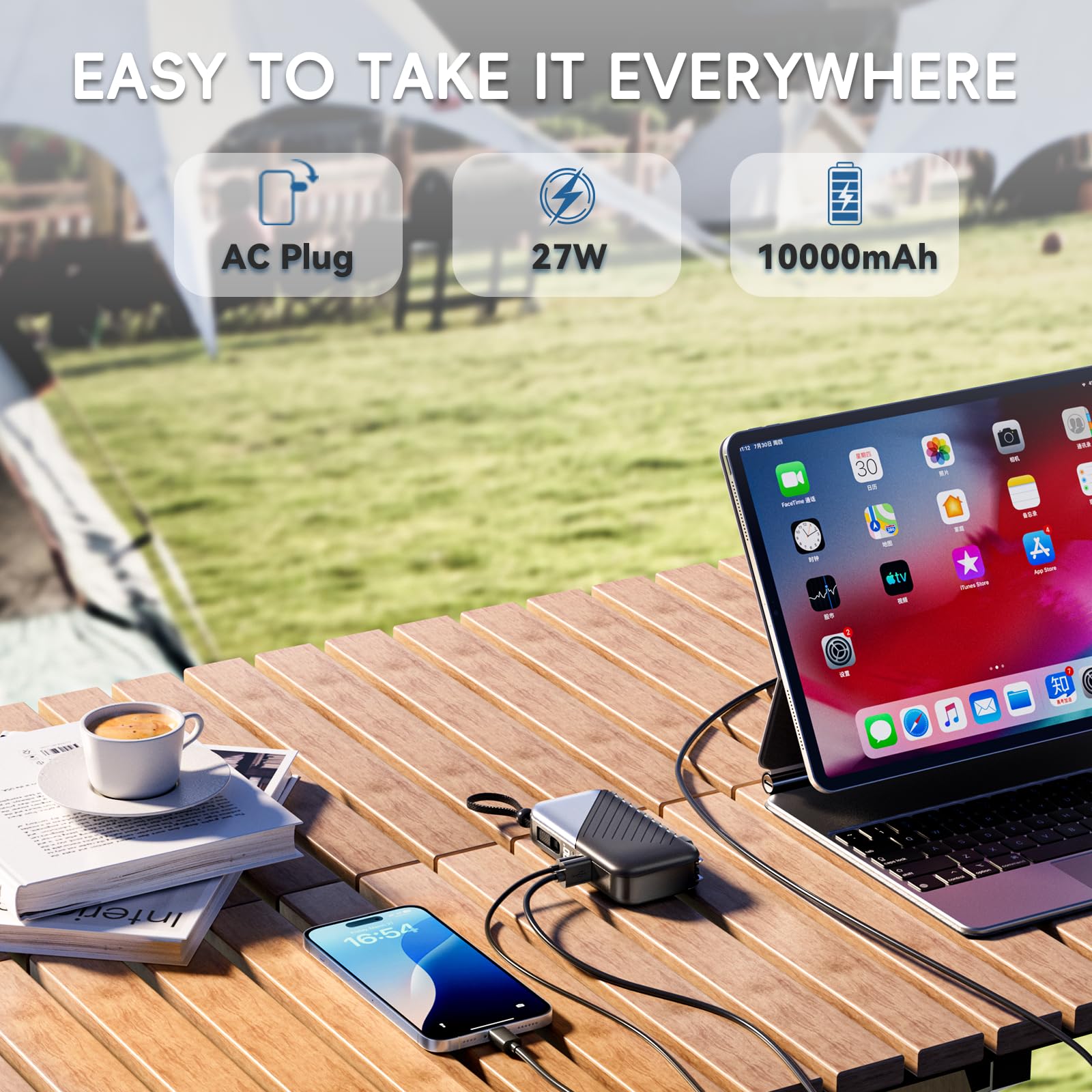 DYDMTT USB C Portable Charger with Wall Plug 10000mAh Power Bank Fast Charging 27W Portable Charger with Built in Cable Phone Portable Charger for iPhone Samsung Android, Black