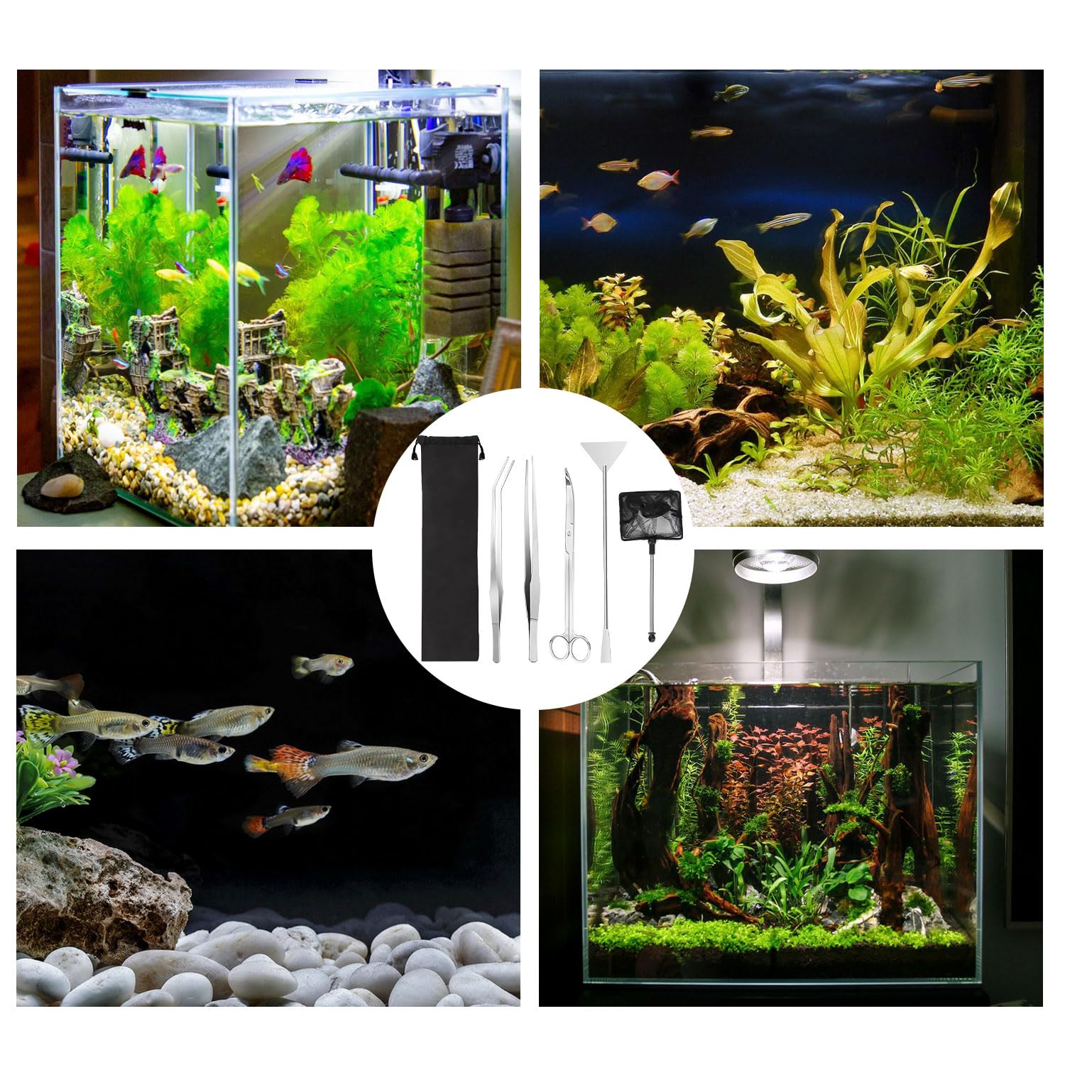 RYAN Accesorios Acuario 4 en 1 de Acero Inoxidable para Acuario Aquarium Aquascaping Kit Pinzas Tijera espátula Juego de Herramientas para Peces y Plantas Acuáticas