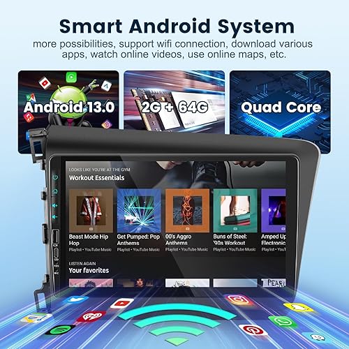Miniatura 4 de 2G+64G Radio de coche estéreo para Honda Civic 2012-2015 con CarPlayAndroid Auto, 9 pulgadas HD pantalla táctil Android 13 unidad principal GPS WiFi