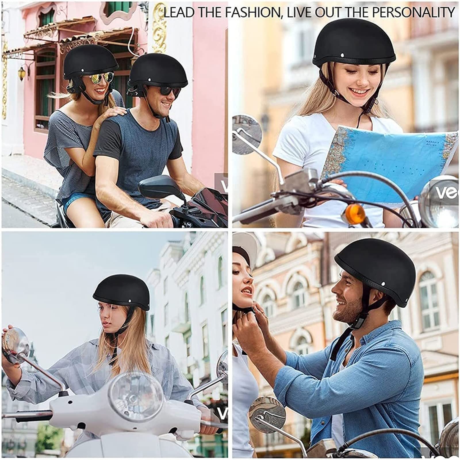 Casco Mezzo Moto Omologato ECE Casco Beanie Skull Cap Mezza Casco, Casco Mezzo Guscio Scooter Per Adulti Uomo Donna, Caschi Cool Half Face Per Ciclomotore A Basso Profilo A, L=59~60CM