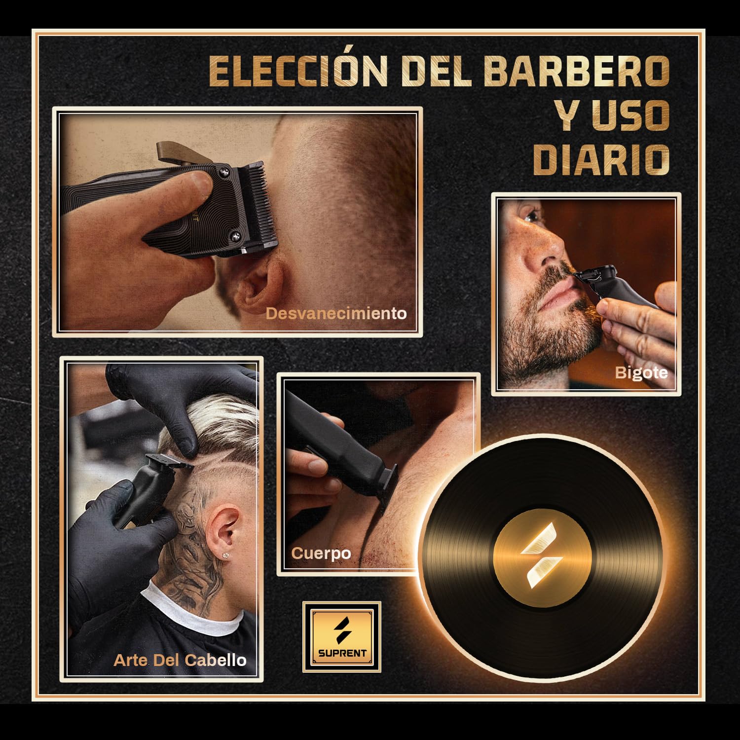 SUPRENT Máquina De Cortar Pelo, Kit Barbero Motor Alta Velocidad 7500 RPM | Inalámbrico, Cuchillas Ajustables, Peines Guía Negros Y Bolsa, Negro Y Dorado