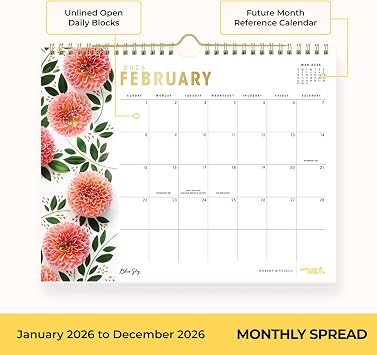 Blue Sky 2026 Monthly Wall Calendar, 11x8.75, Bright Dahlias