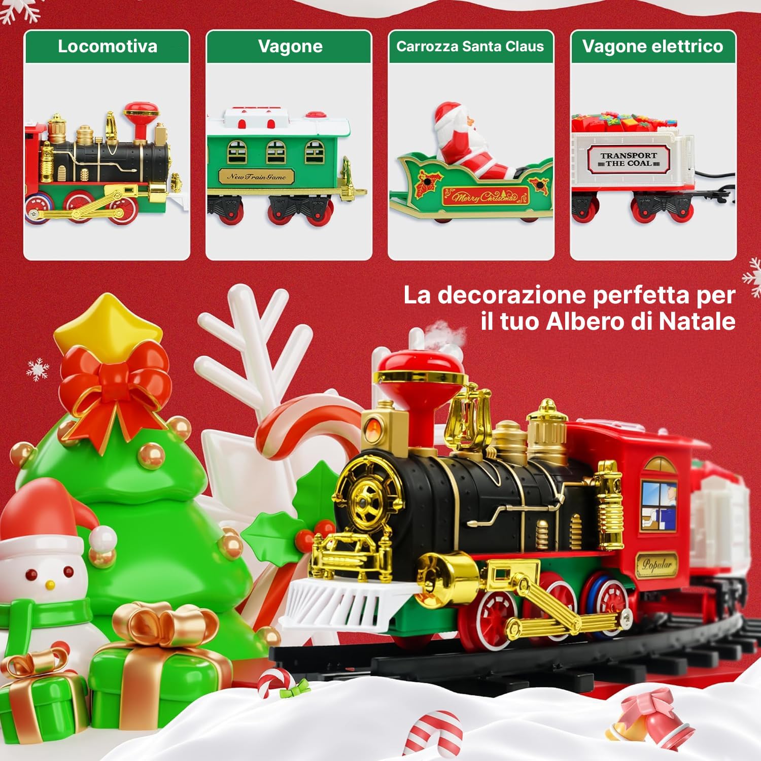 Avilia Trenino Elettrico Natalizio in Movimento con Luci e Suoni - Decorazione per Albero di Natale - Treno con Binari di diametro 89cm - Treno per Albero di Natale Sospeso o da Terra con Batteria