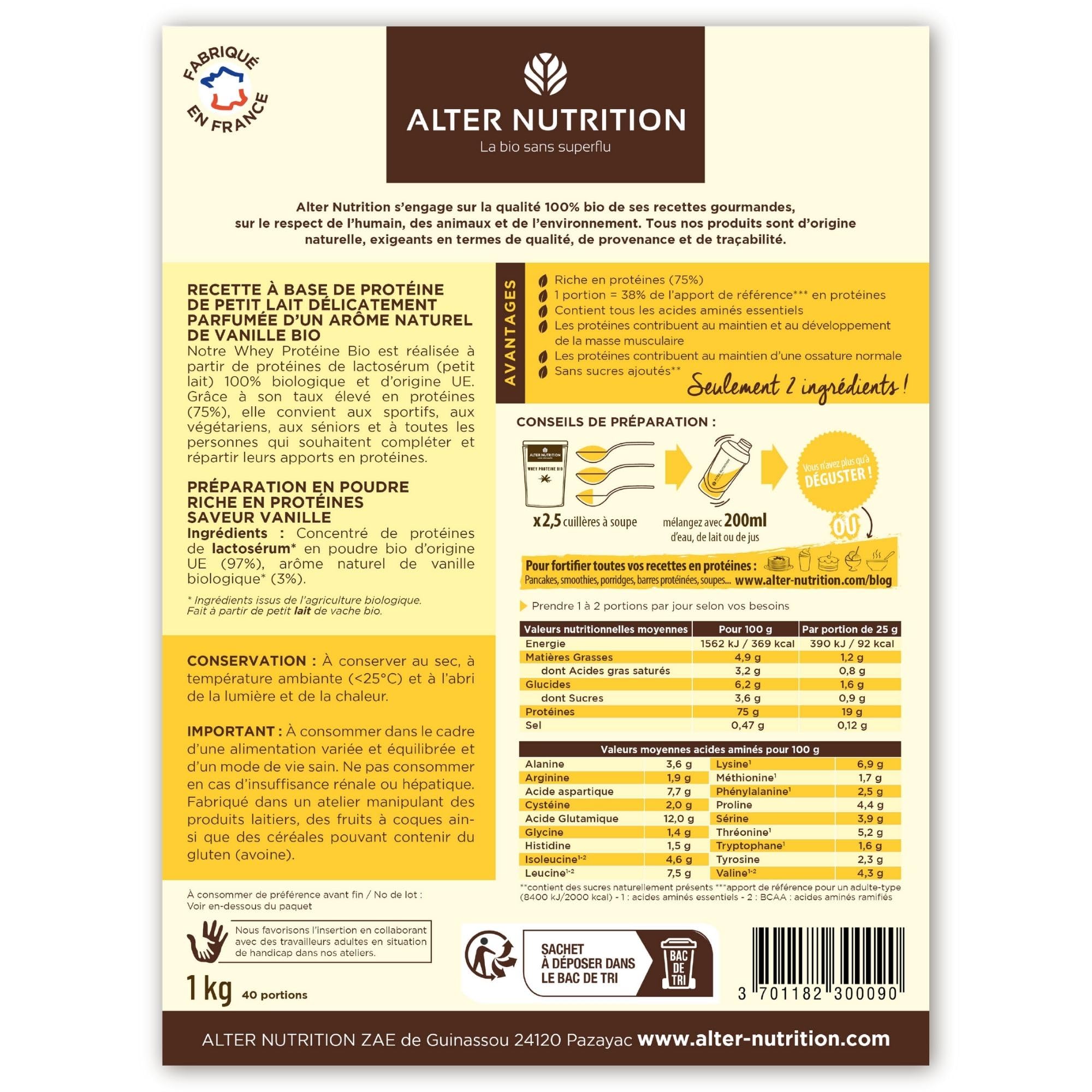 ALTER NUTRITION - Whey Protéine Bio - Vanille - Prise De Masse - Récupération - BCAA - Lait De Vache Bio - Sans Sucres Ajoutés - Fabriqué En France - 19g De Protéines Par Scoop - Sachet De 1kg