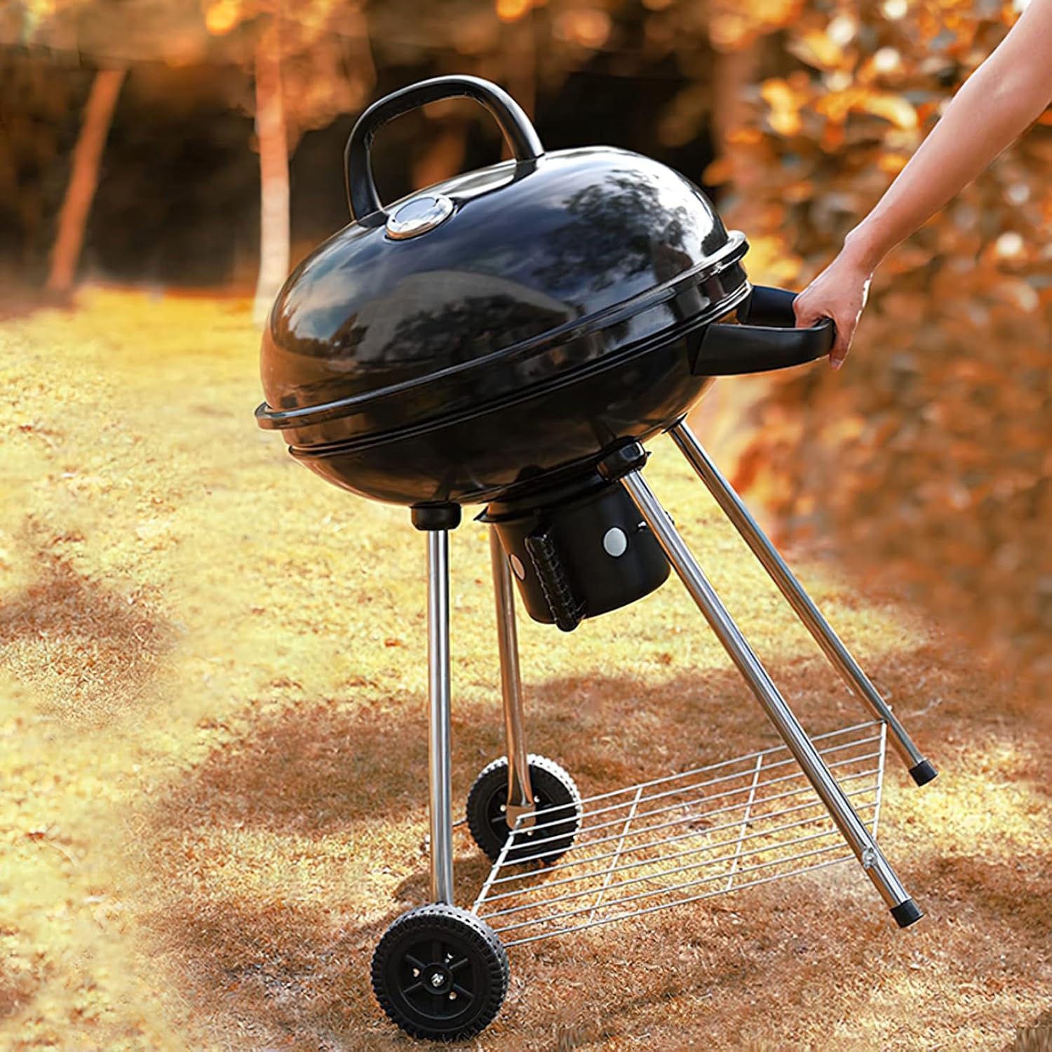 22-Inch Portable Charcoal Grill, Black Steel, 362 Sq. In. Cooking Surface, Wheeled Stand with Storage Rack, 23.62x21.26x38.58 Inches, for Outdoor BBQ