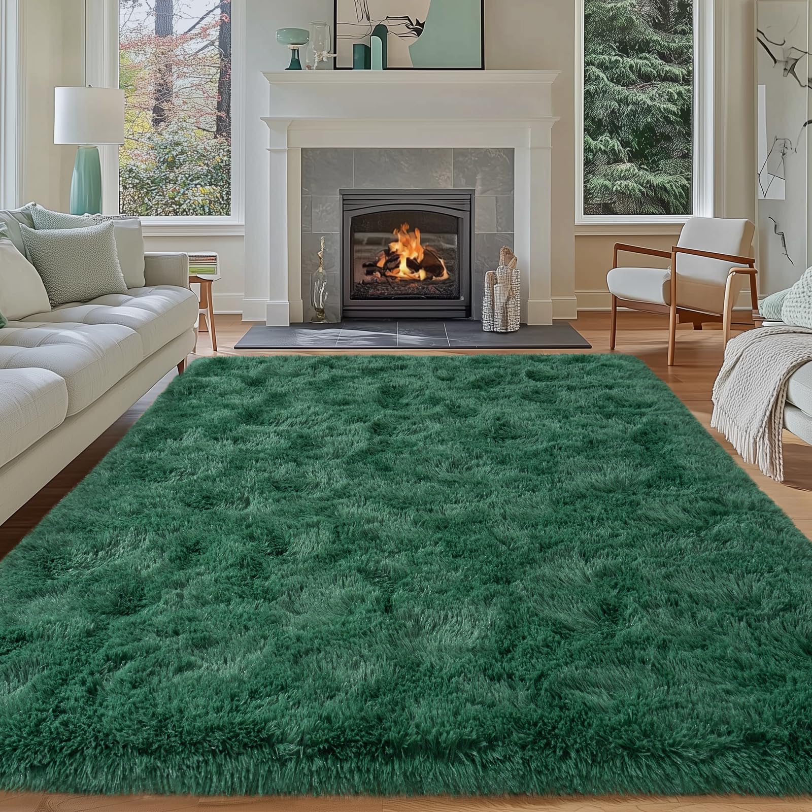 Dssimo Super Fluffy 8x10 Rugs for Living Room, Modern Shag Dark Green Area Rugs, Soft and Cozy Plush Large Under Bed Carpet for Kids, Girls Boys and