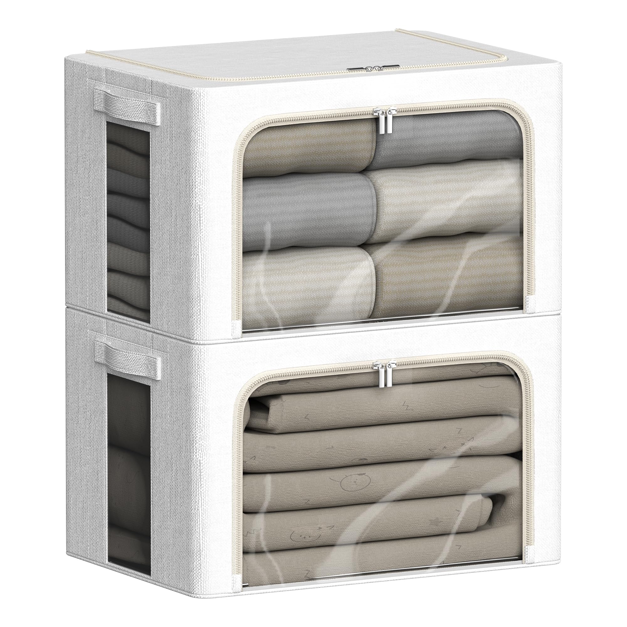 FHSQX Paquete de 2 contenedores de almacenamiento transparentes para ventana, apilables, grandes, de tela de lino, para ropa, organizador plegable con asas de transporte (blanco brillante, 15.7 x 11.8
