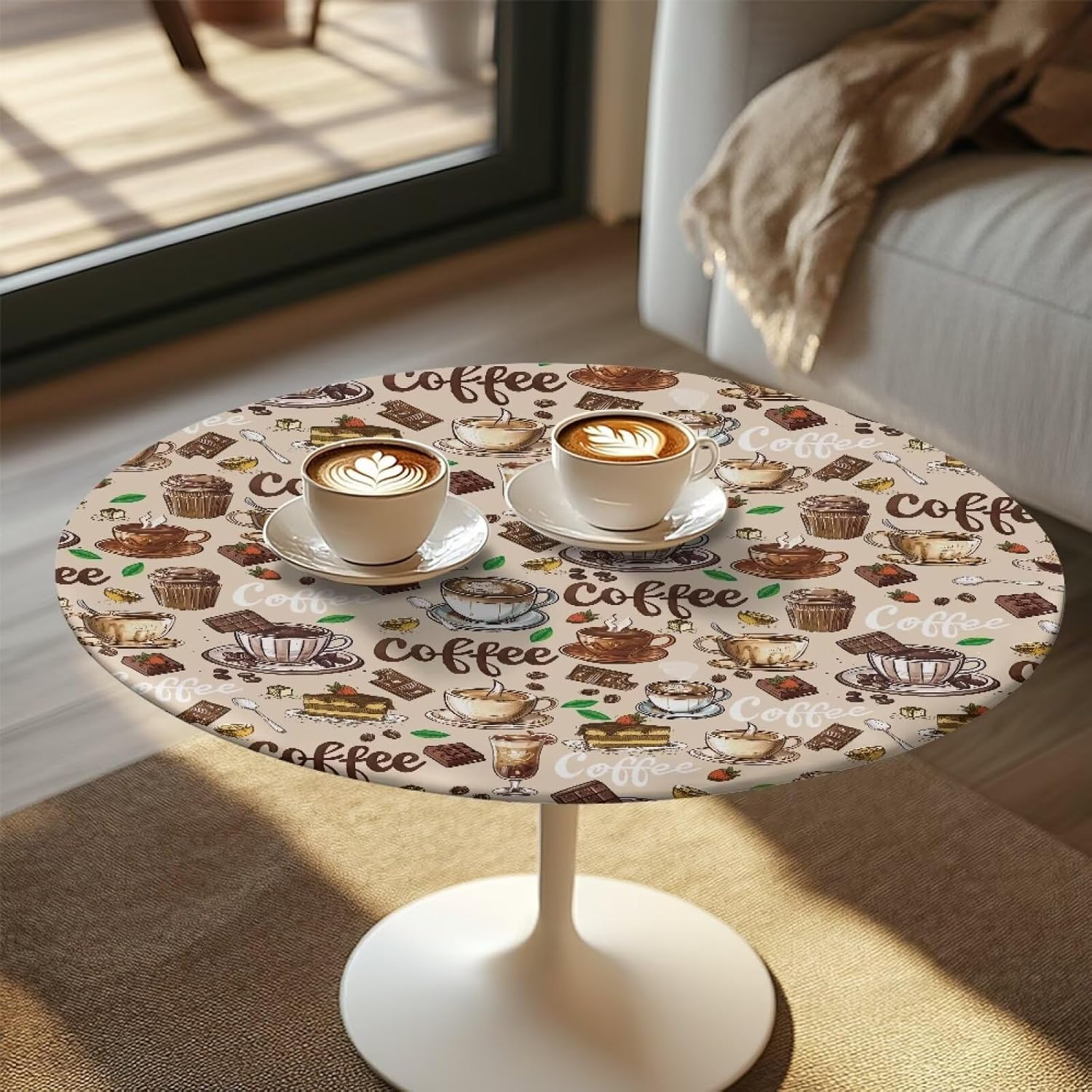 4 PCS 24'' Diameter Round Table Topper Cap Decorative Cocktail Tablecloth with Elastic Edge Cocktail Table Topper Covers Stain-Resistant Table Decor, Latte Coffee Bean Chocolate Sugar Cube