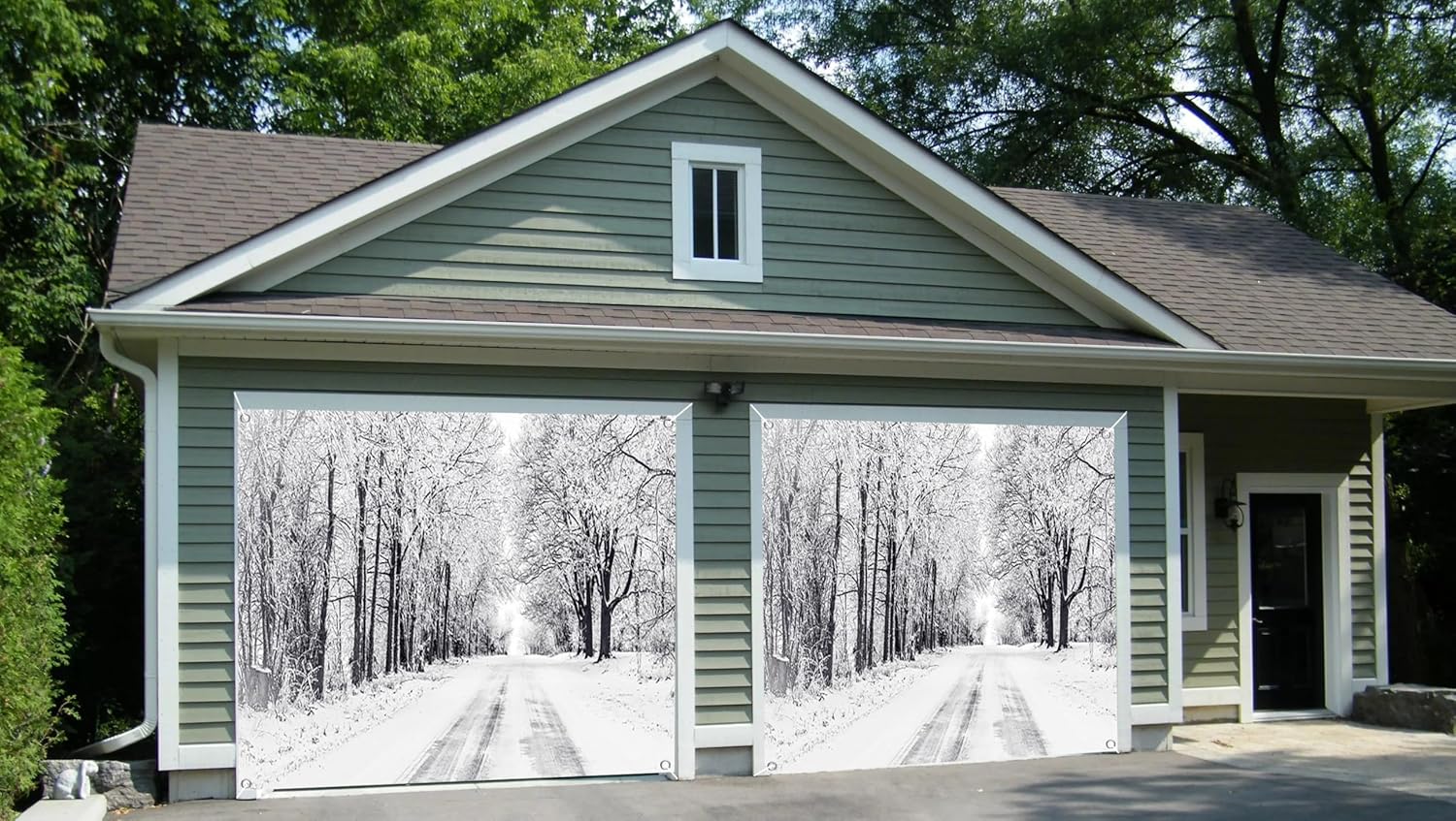 7x8ft Winter Snowy Road Garage Door Decor Frosted Trees Snow Covered Path ICY Snowflakes Nature Landscape Garage Door Cover for Indoor Outdoor Holiday Party Seasonal Festive Decor
