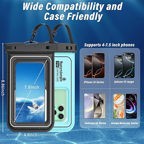Miniatura 5 de Bolsa impermeable para teléfono  Paquete de 2 fundas flotantes impermeables IP68, bolsa seca esencial para crucero en la playa con cordón ajustable