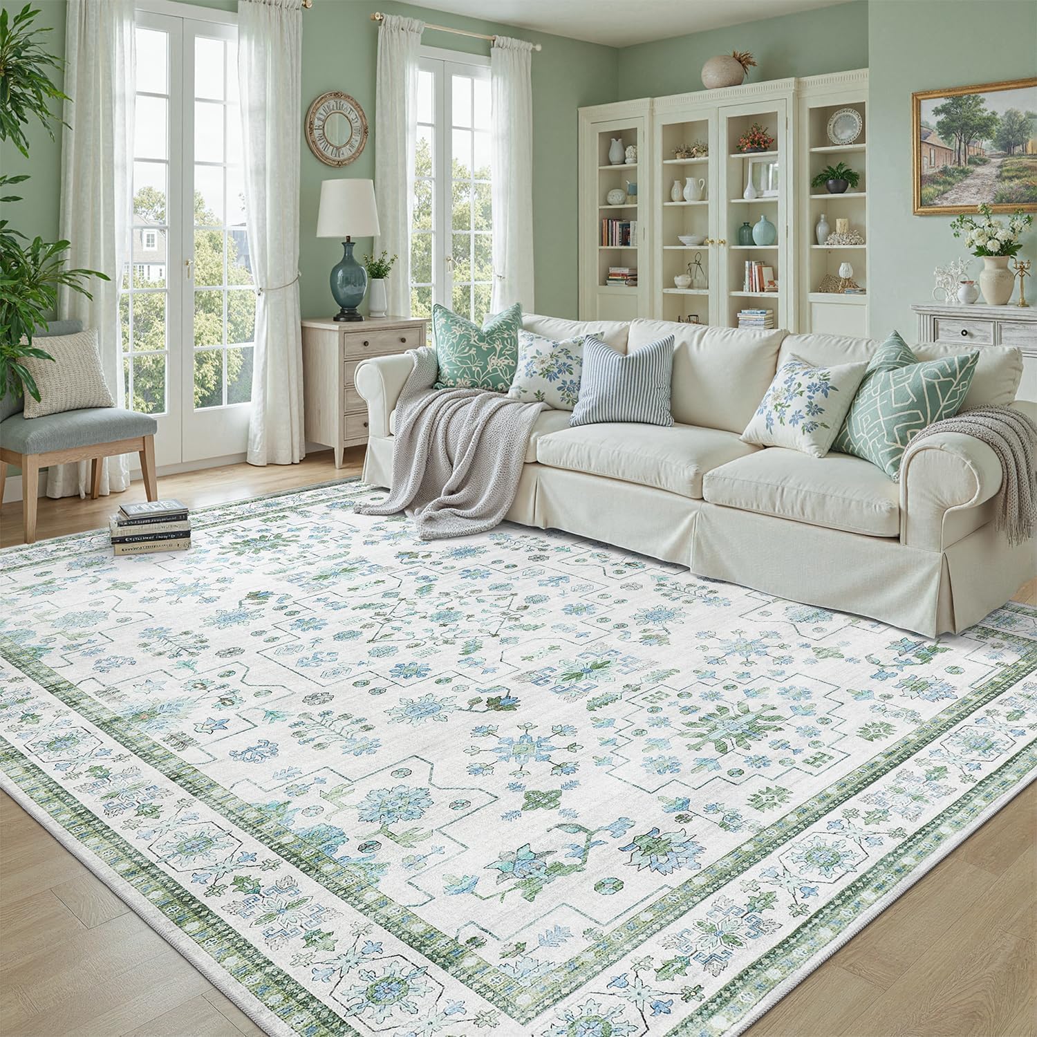 Tapis anti-glisse lavable vert floral 120x160cm pour salon et cuisine