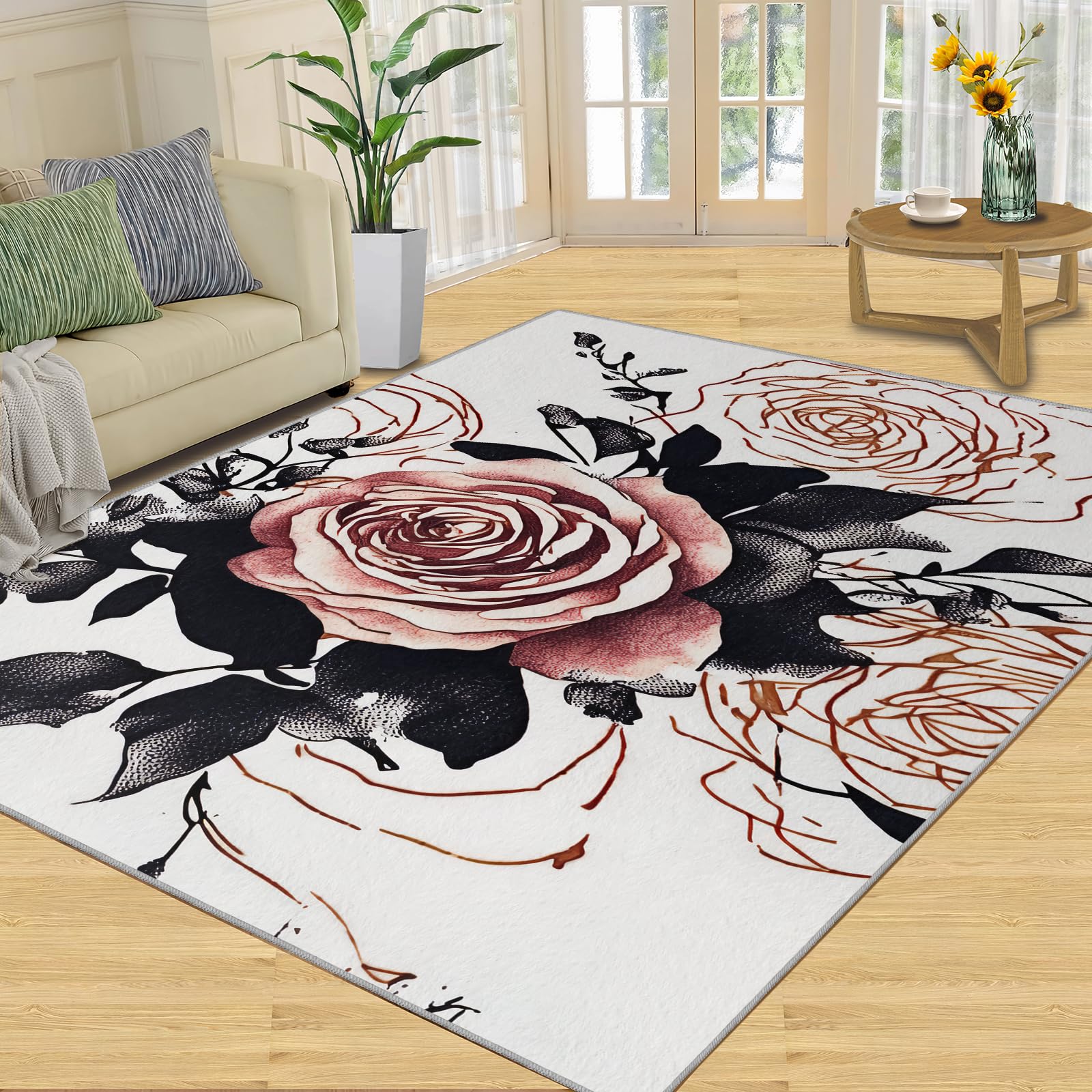QDJKBL Area Rugs 70 X 120 Cm Black and White Romantic Rose Flower, European Pastoral Pink Rose Floral Apartment Carpet, Low Pile Rug Comfortable Feet for Living Room
