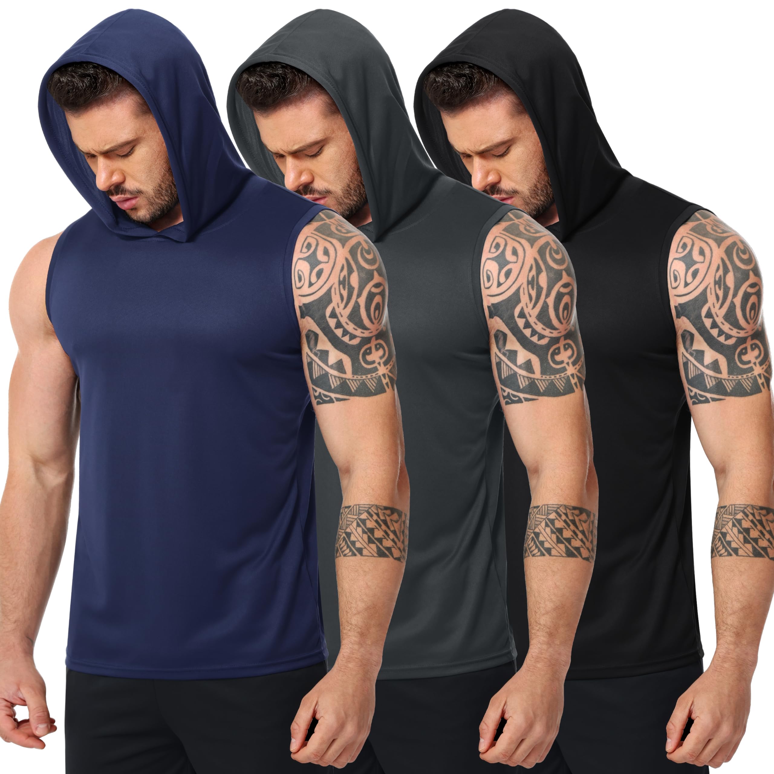 Sudadera deportiva sin mangas, sin mangas, camiseta sin mangas, camiseta de tirantes, 3 unidades, sudadera con capucha, gimnasio, entrenamiento, fitness, entrenamiento, musculación, camiseta