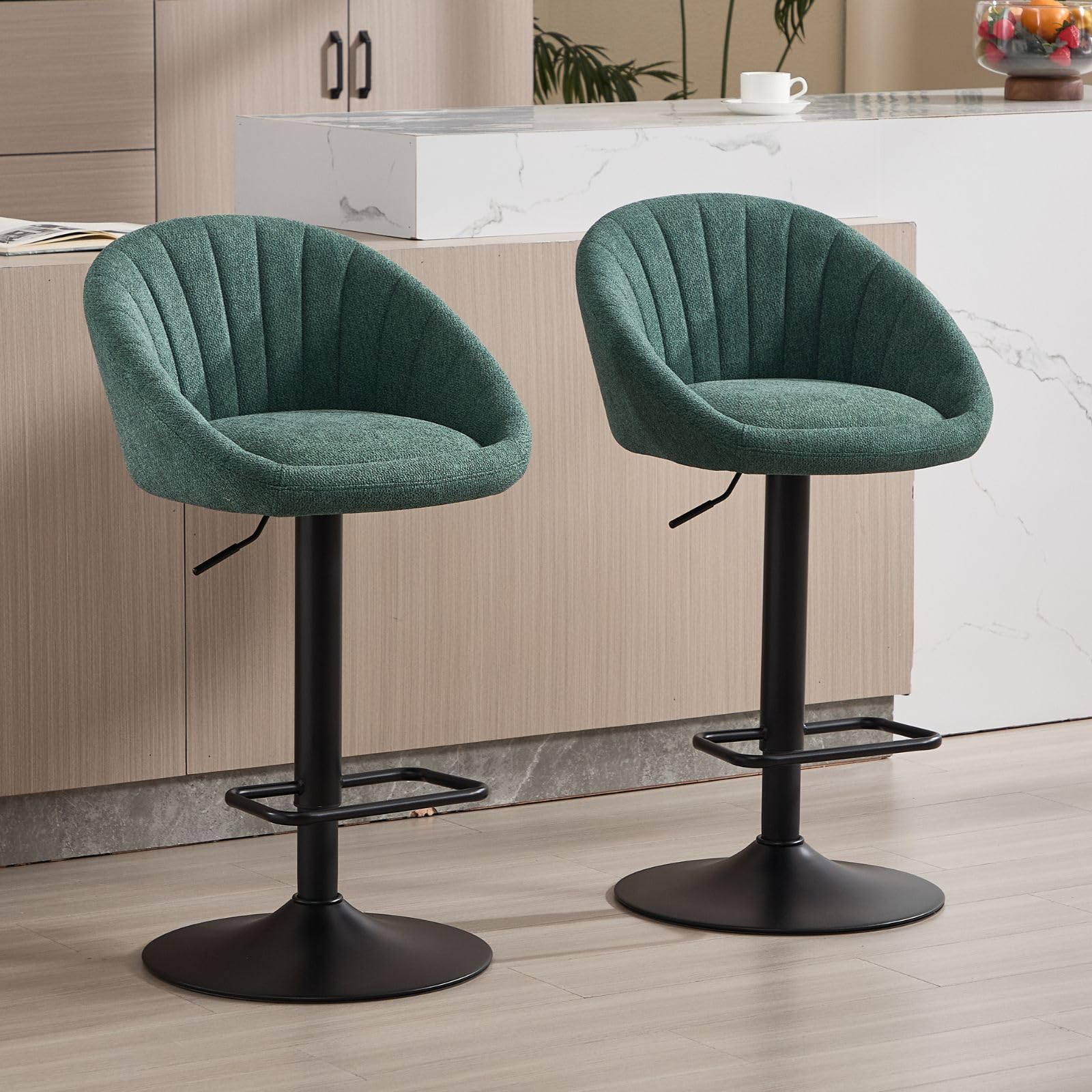 chairus Juego 2 Taburetes de Bar Moderno en Tela Taburetes Alto de Cocina con Reposapiés, Sillas Bar en Altura Ajustable Sillas Altas Giratorias para Isla Cocina/Barra, Verde