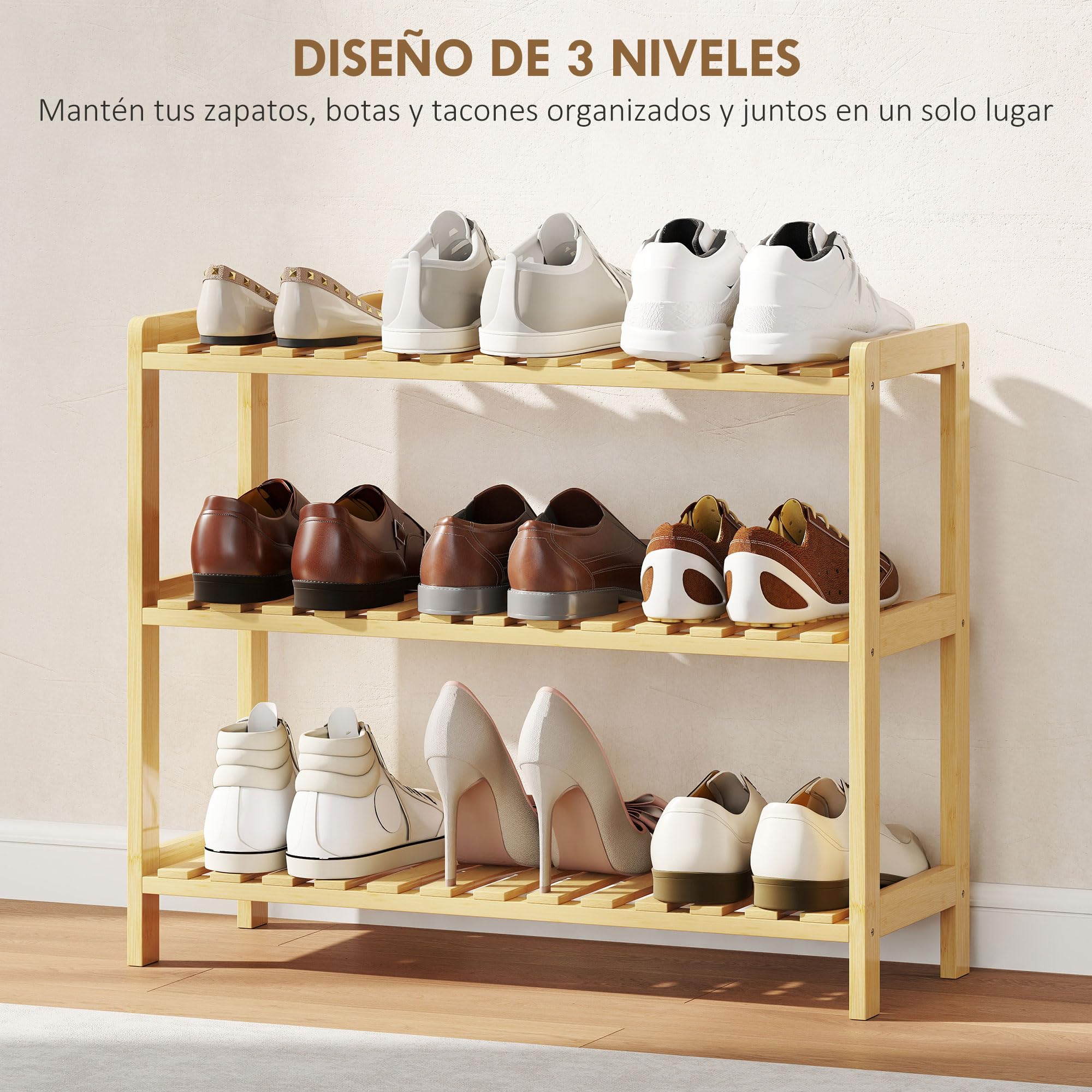 HOMCOM Zapatero de 3 Niveles de Bambú para 9 Pares 70x26x57,5 cm Natural | Estantería de Zapatos, para Entrada, Pasillo, Dormitorio