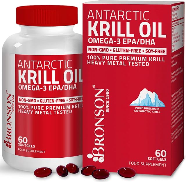 Bronson Antarctic Krill Oil with Omega-3s EPA, DHA, Astaxanthin and Phospholipids  100% Pure Premium Krill Oil - Heavy Metal Tested, Non GMO - 60 Softgels