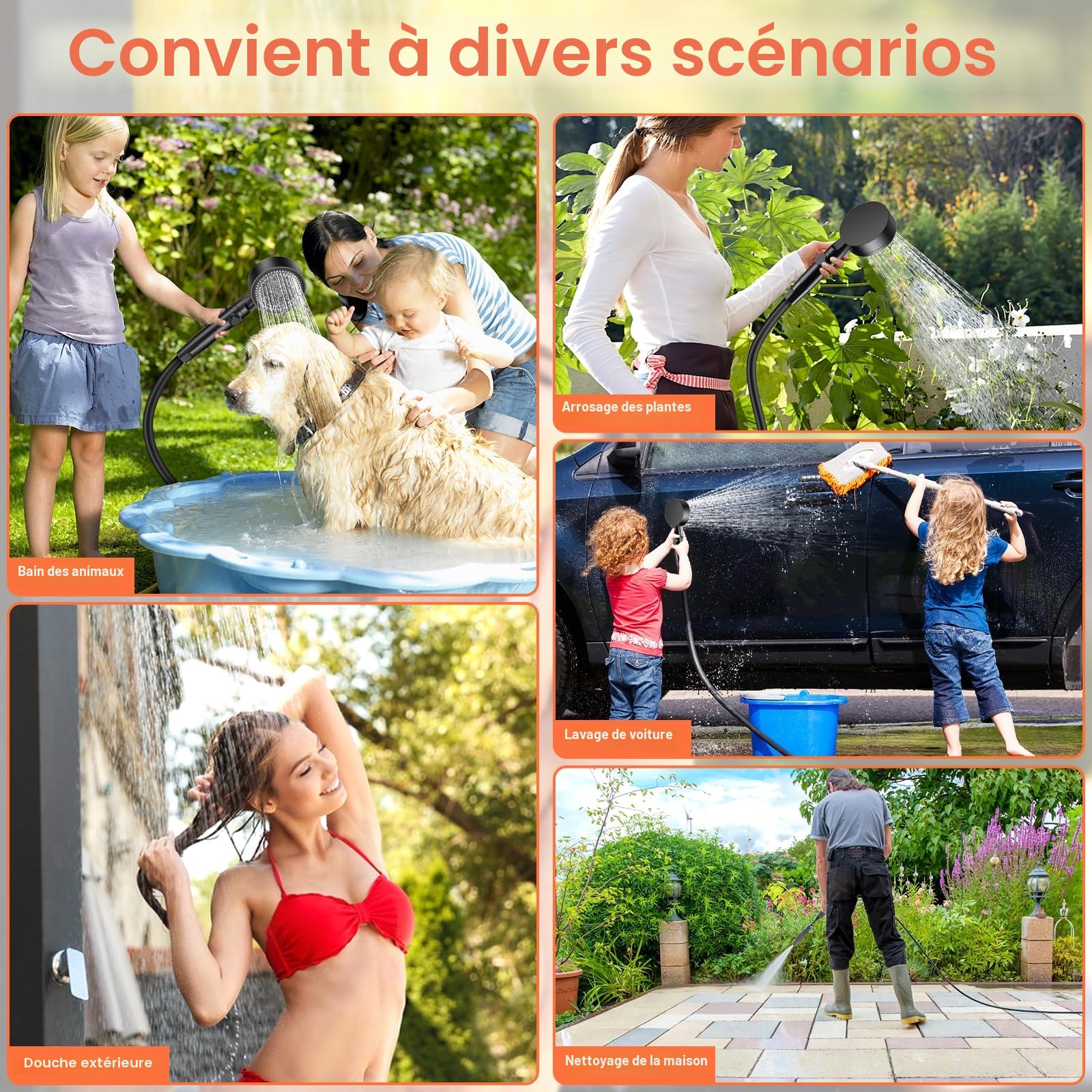 Rsaoty Douche avec Pompe, 3000 mAh Douche de Camping Rechargeable, Portable Camping Douche avec écran Intelligent et Tuyau de 2 m,Pression d'eau Réglable pour Camping, Animaux domestiques